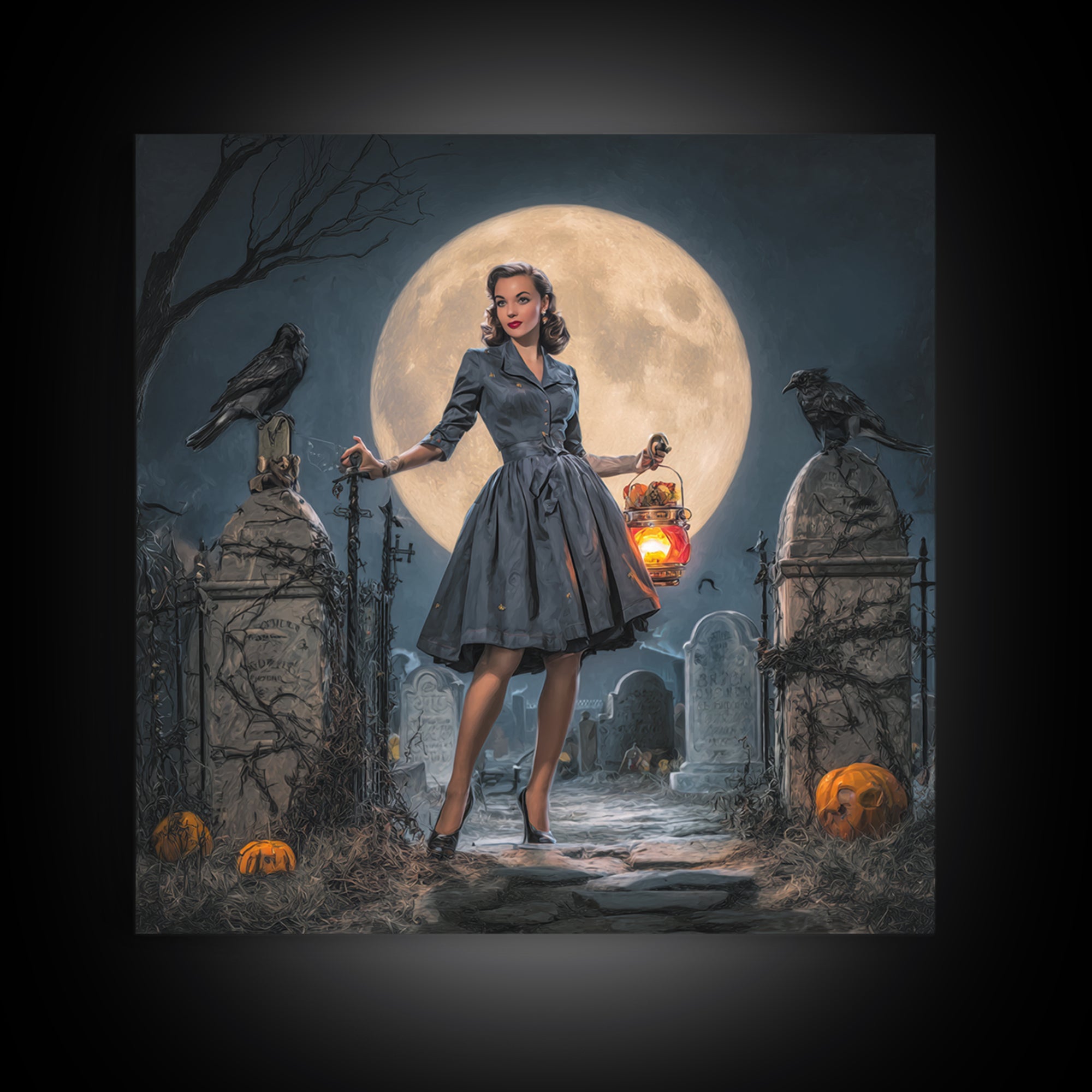1950s Halloween Nostalgia, Square Wall Art, Dark Fantasy Wall Art, Canvas Print, Halloween Wall Decor, Gothic Home Decor, Horror Wall Art