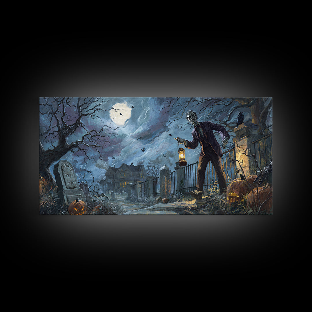 1950s Halloween Nostalgia, Wide Panoramic Art, Dark Fantasy Wall Art, Canvas Print, Halloween Wall Decor, Gothic Home Decor