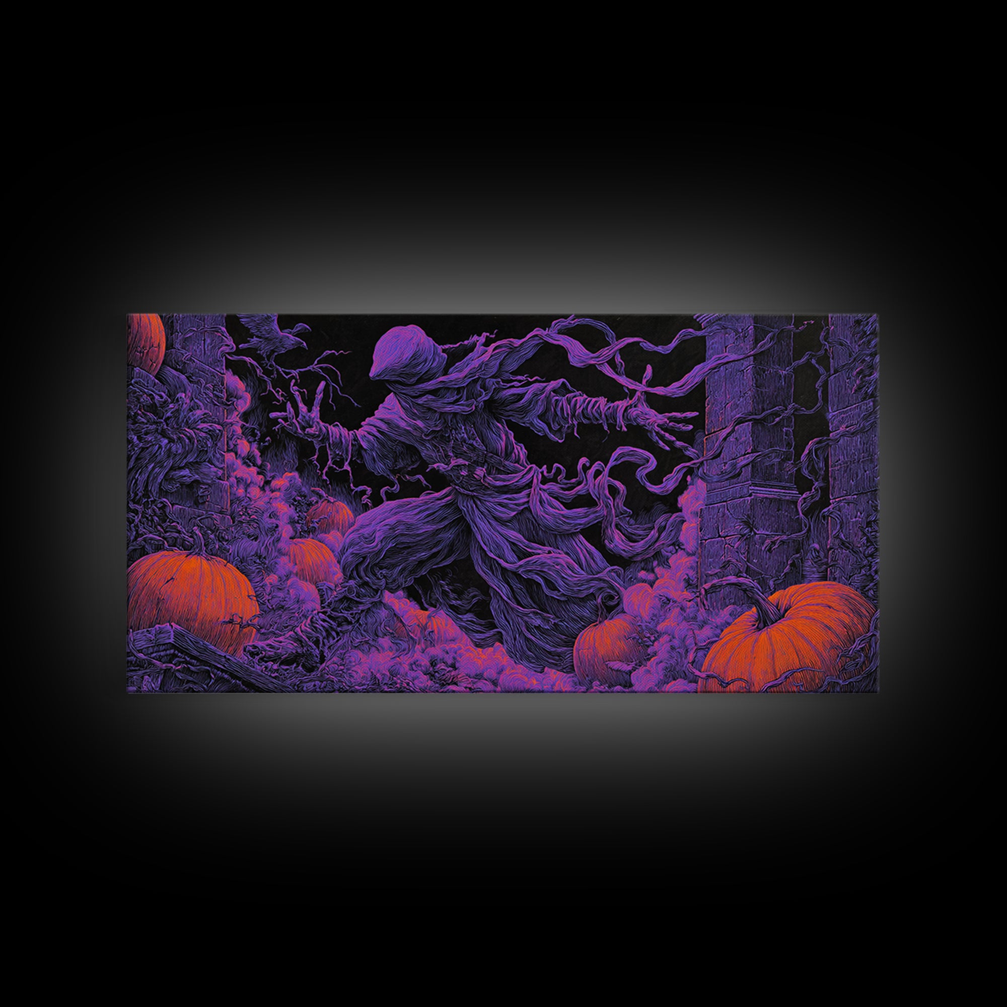 1980s Neon Horror, Wide Panoramic Art, Spooky Home Decor, Canvas Print, Halloween Wall Decor, Gothic Home Decor, Macabre Wall Art
