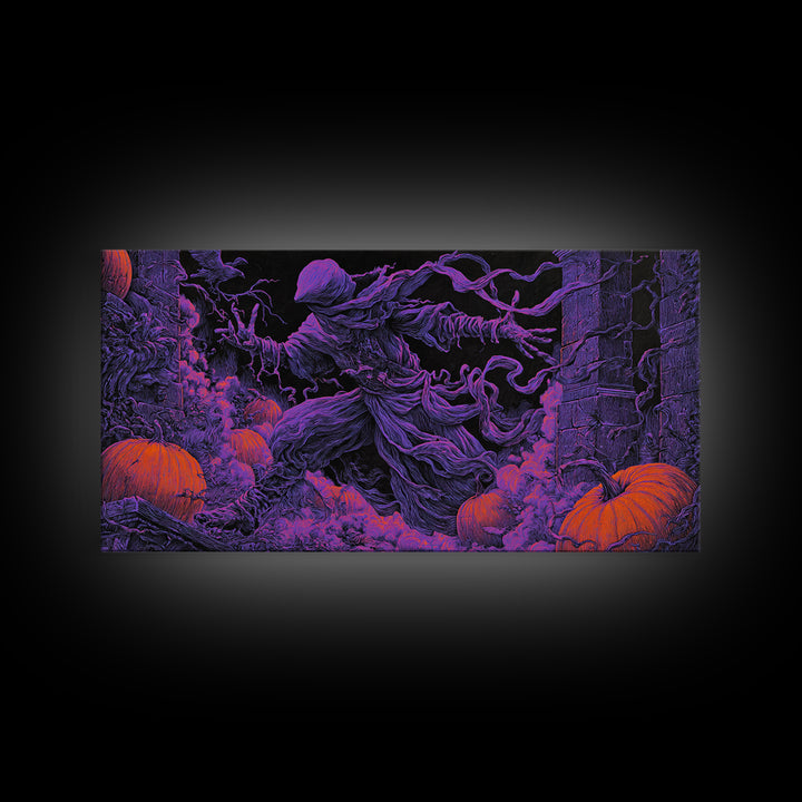 1980s Neon Horror, Wide Panoramic Art, Spooky Home Decor, Canvas Print, Halloween Wall Decor, Gothic Home Decor, Macabre Wall Art