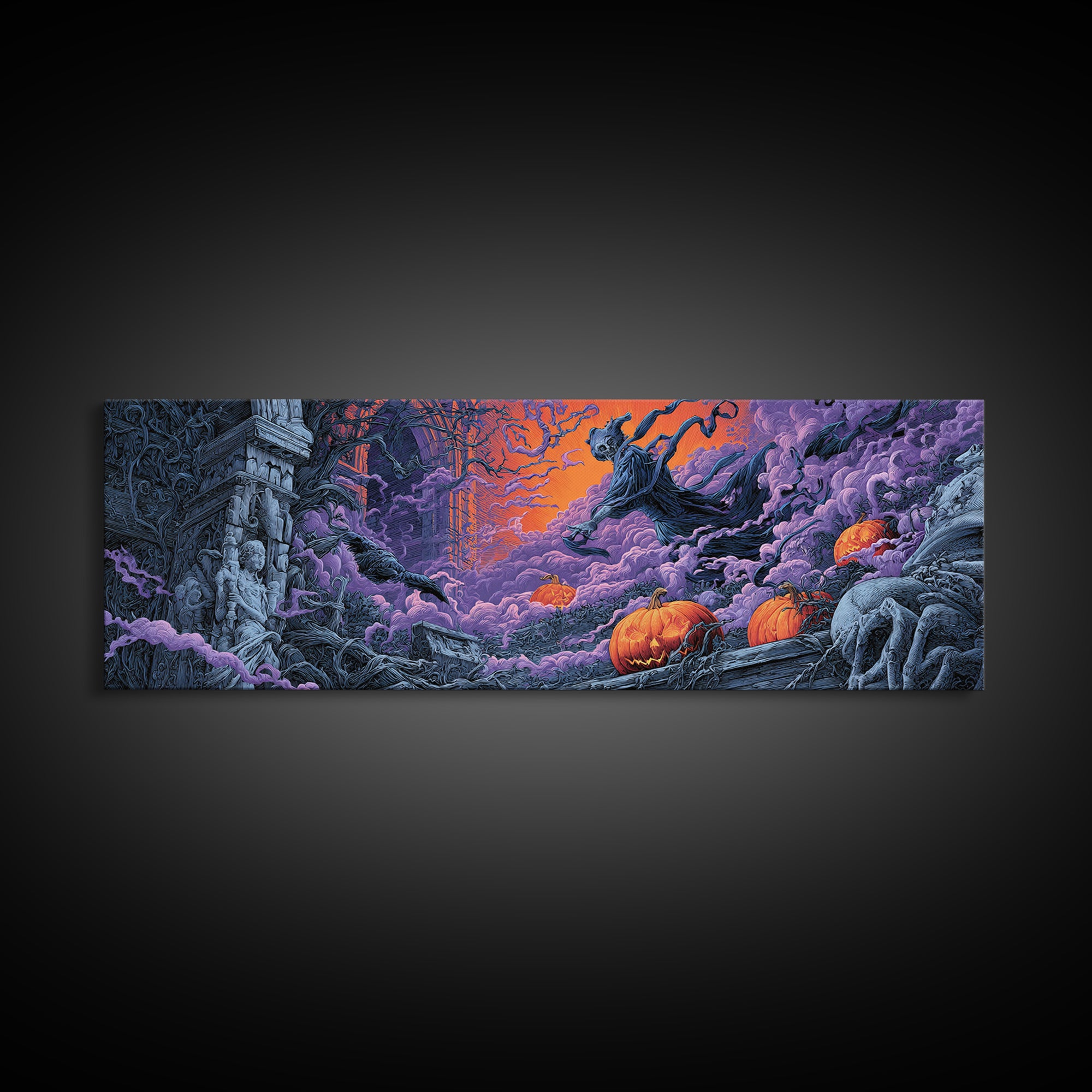 1980s Neon Horror, Extra Wide Wall Art, Dark Fantasy Wall Art, Canvas Print, Halloween Wall Decor, Gothic Home Decor, Macabre Wall Art
