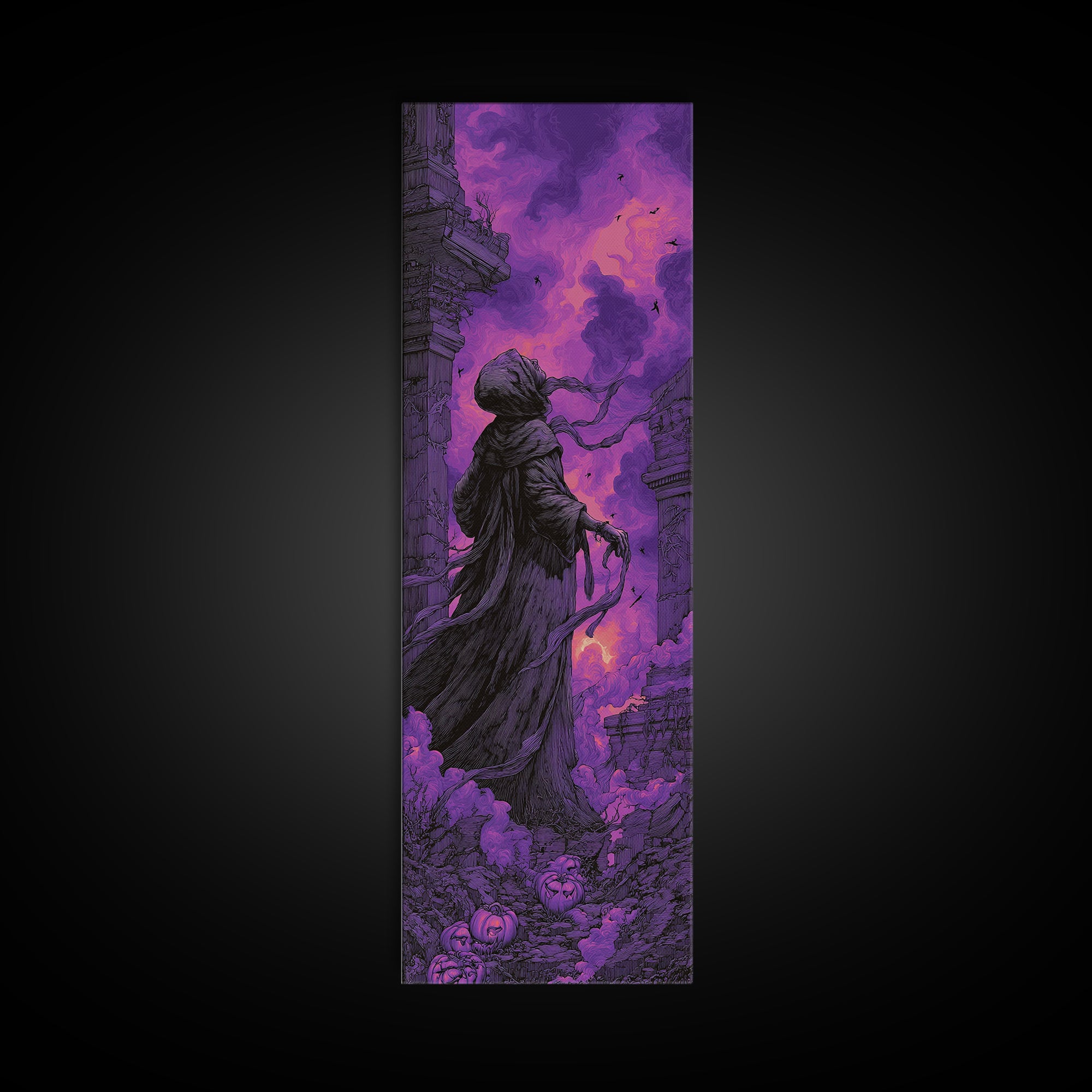 1980s Neon Horror, Tall Narrow Wall Art, Spooky Home Decor, Canvas Print, Halloween Wall Decor, Gothic Home Decor, Halloween Decor