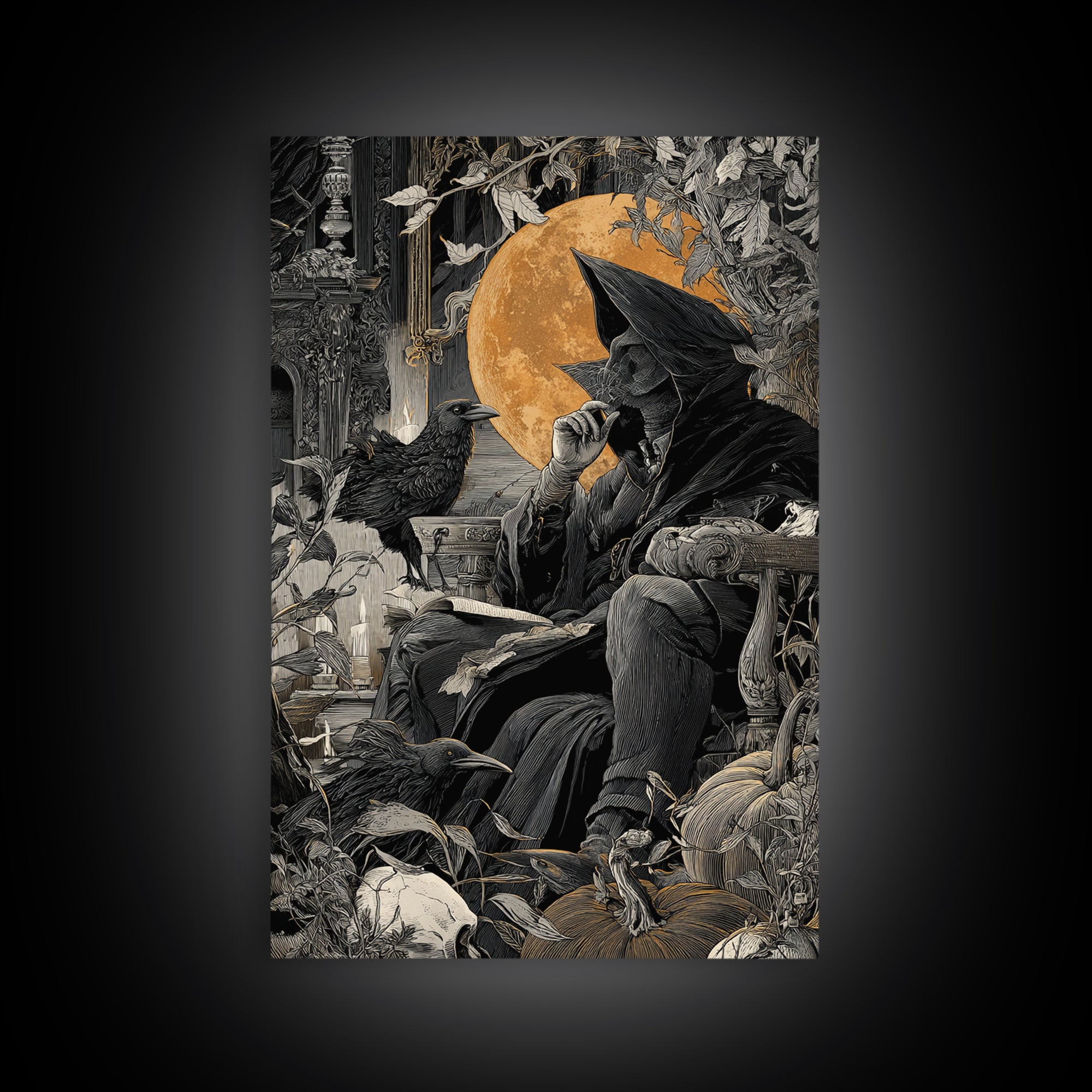 Dark Academia Halloween, Vertical Wall Art, Macabre Wall Art, Framed Canvas Print, Halloween Wall Decor, Gothic Home Decor, Dark Fantasy Art