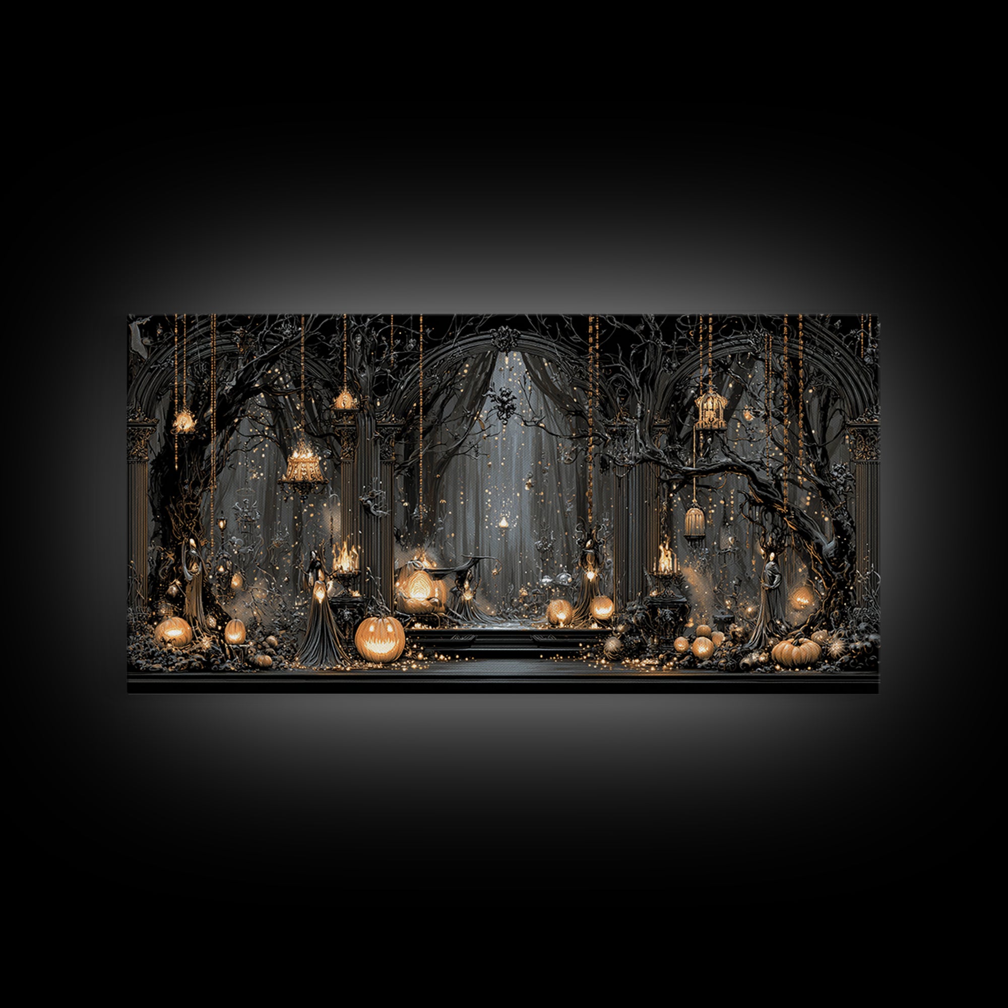 Enchanted Woodland Halloween, Wide Panoramic Art, Dark Fantasy Wall Art, Canvas Print, Halloween Wall Decor, Gothic Home Decor