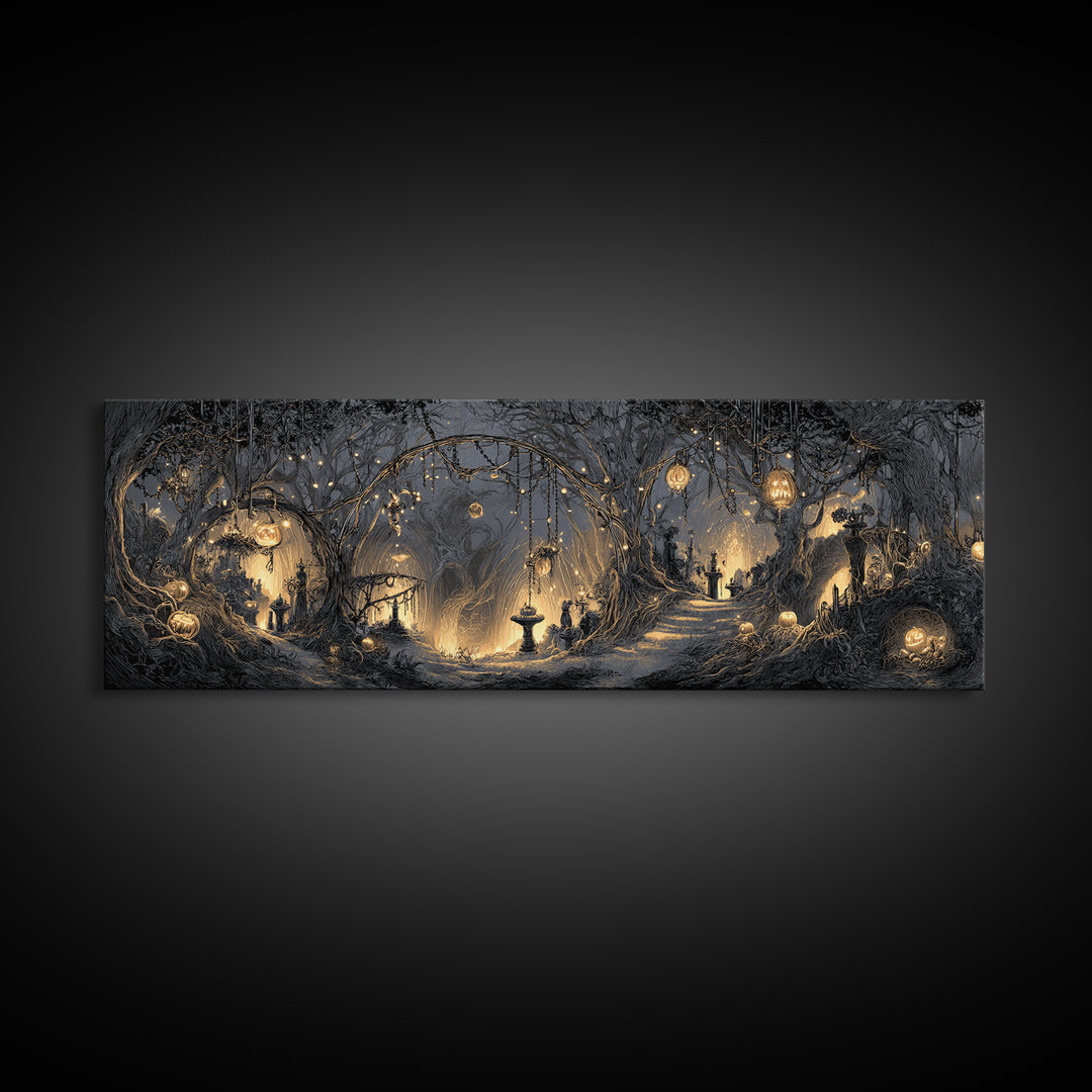 Enchanted Woodland Halloween, Extra Wide Wall Art, Spooky Home Decor, Canvas Print, Halloween Wall Decor, Gothic Home Decor