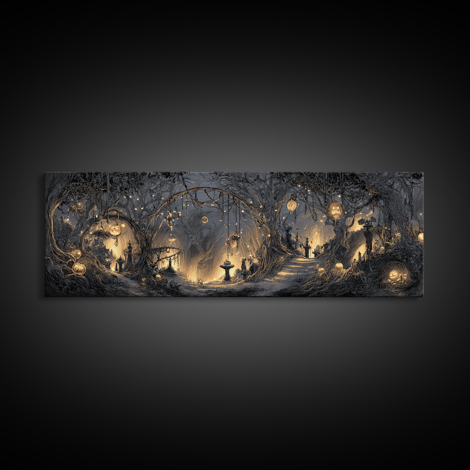 Enchanted Woodland Halloween, Extra Wide Wall Art, Spooky Home Decor, Canvas Print, Halloween Wall Decor, Gothic Home Decor