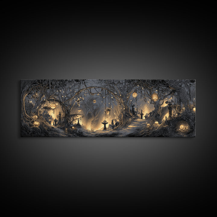Enchanted Woodland Halloween, Extra Wide Wall Art, Spooky Home Decor, Canvas Print, Halloween Wall Decor, Gothic Home Decor