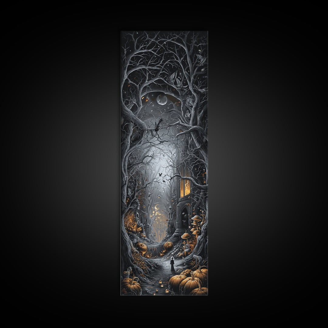 Enchanted Woodland Halloween, Tall Narrow Wall Art, Haunted Gothic Art, Framed Canvas Print, Halloween Wall Decor, Gothic Home Decor
