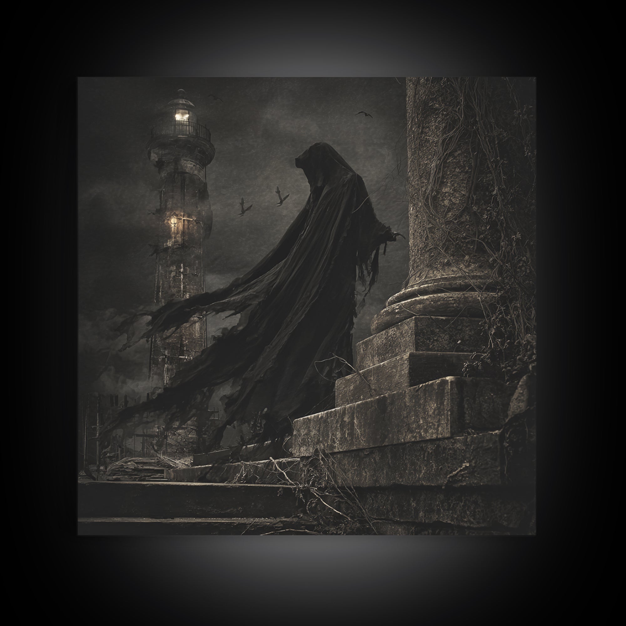 Haunted Seaside Halloween, Square Wall Art, Macabre Wall Art, Framed Canvas Print, Halloween Wall Decor, Gothic Home Decor, Dark Fantasy Art