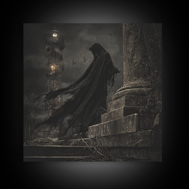 Haunted Seaside Halloween, Square Wall Art, Macabre Wall Art, Framed Canvas Print, Halloween Wall Decor, Gothic Home Decor, Dark Fantasy Art