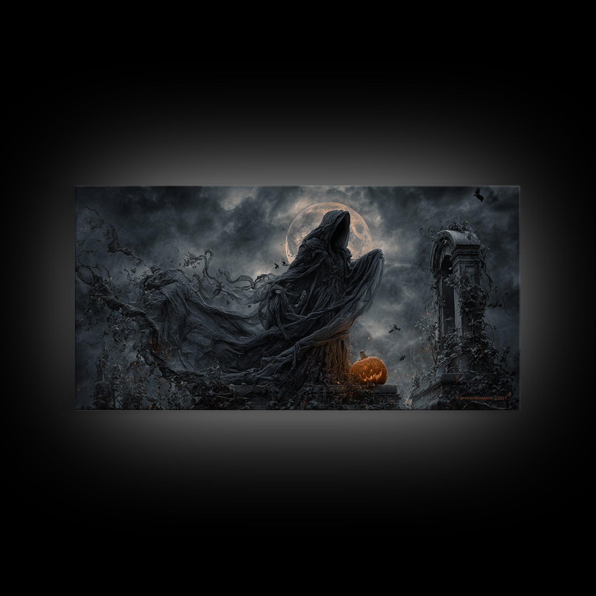 Haunted Seaside Halloween, Wide Panoramic Art, Spooky Home Decor, Canvas Print, Halloween Wall Decor, Gothic Home Decor, Macabre Wall Art