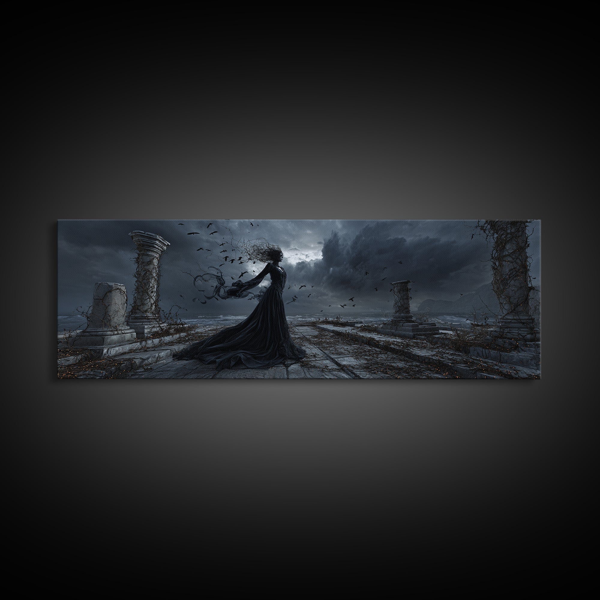 Haunted Seaside Halloween, Extra Wide Wall Art, Dark Fantasy Wall Art, Canvas Print, Halloween Wall Decor, Gothic Home Decor