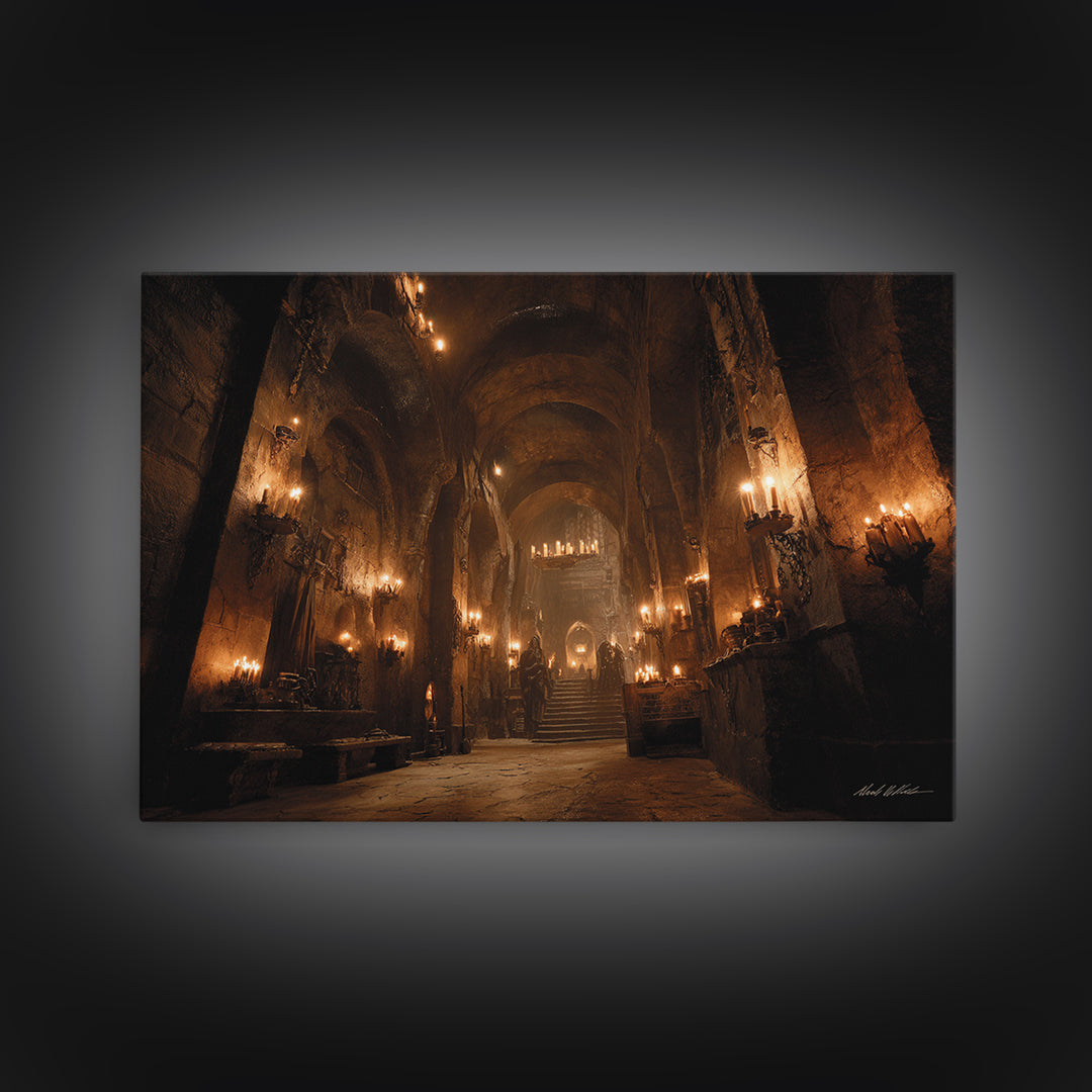 The Candlelit Crypt, Landscape Wall Art, Gothic Horror Wall Art, Framed Canvas Print, Halloween Wall Decor, Gothic Home Decor