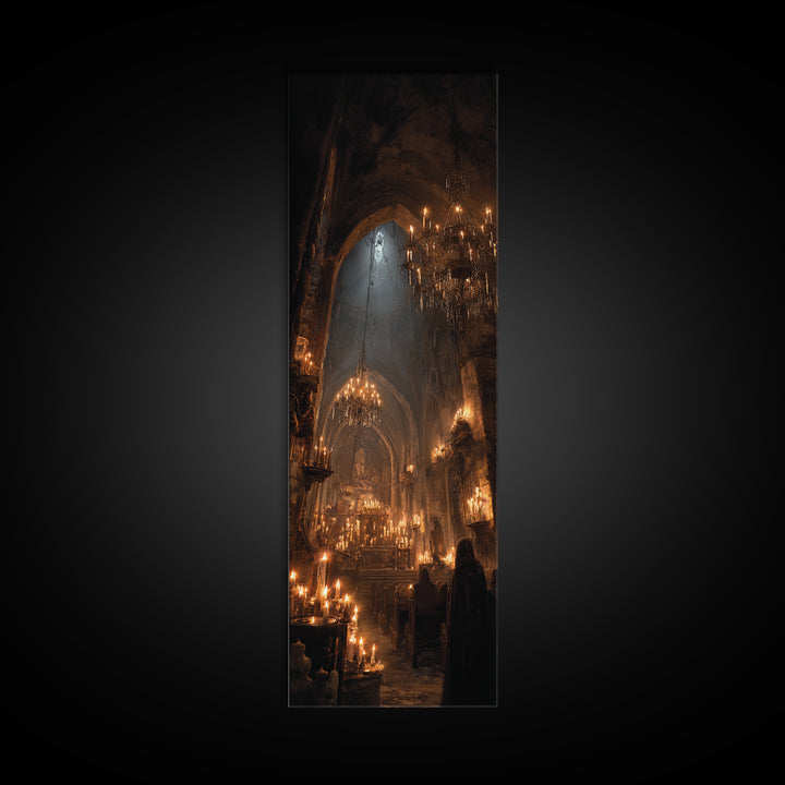 The Candlelit Crypt, Tall Narrow Wall Art, Gothic Horror Wall Art, Framed Canvas Print, Halloween Wall Decor, Gothic Home Decor