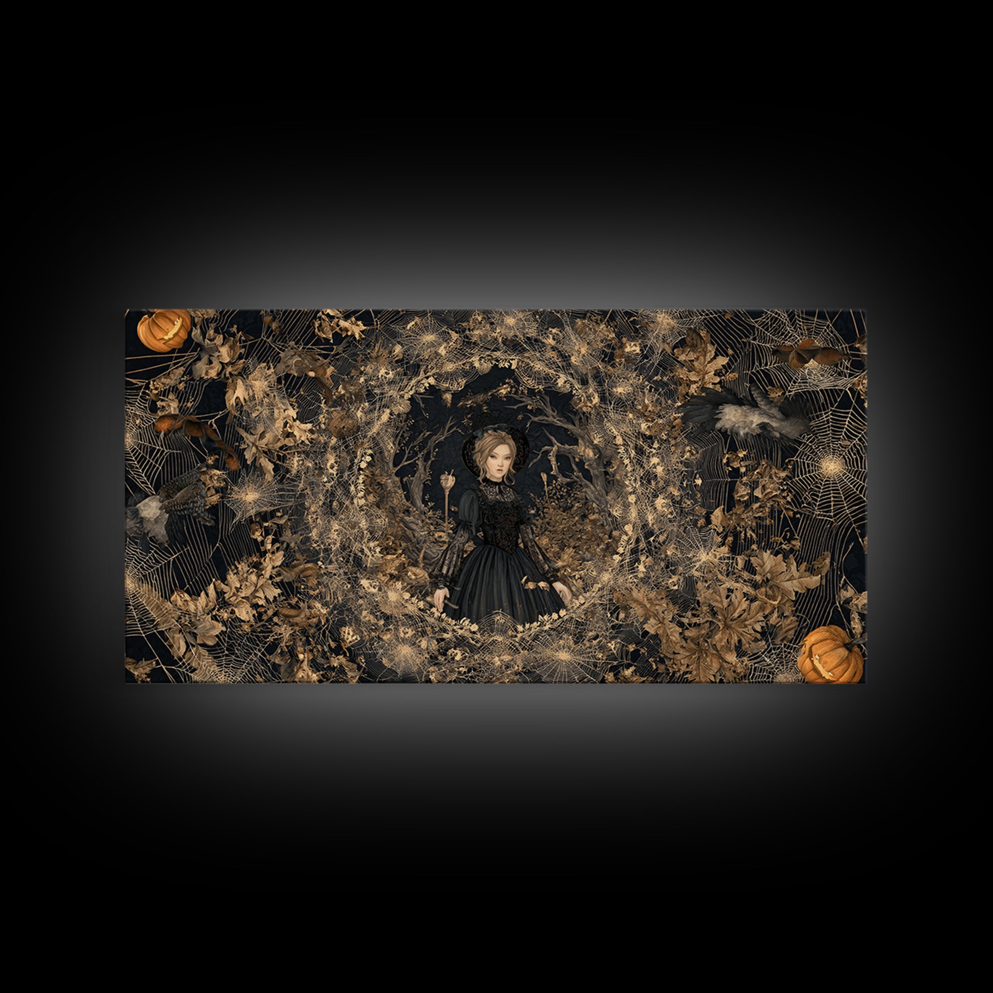 Black Lace And Cobwebs, Wide Panoramic Art, Haunted Gothic Art, Framed Canvas Print, Halloween Wall Decor, Gothic Home Decor