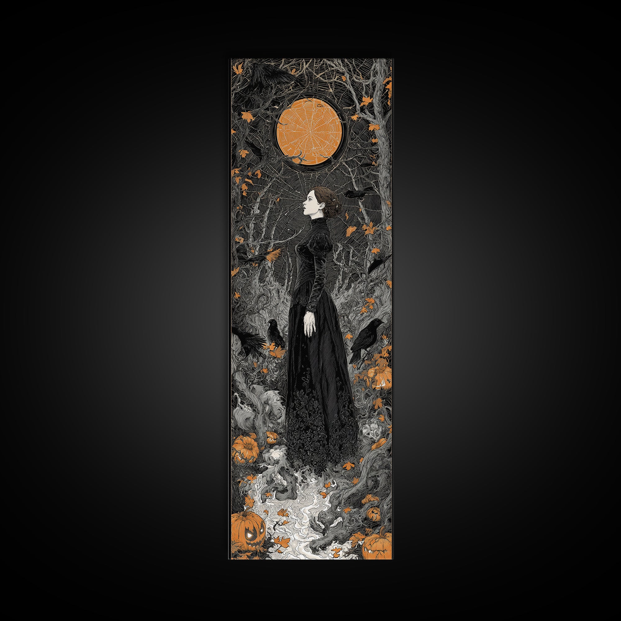 Black Lace And Cobwebs, Tall Narrow Wall Art, Gothic Horror Wall Art, Framed Canvas Print, Halloween Wall Decor, Gothic Home Decor