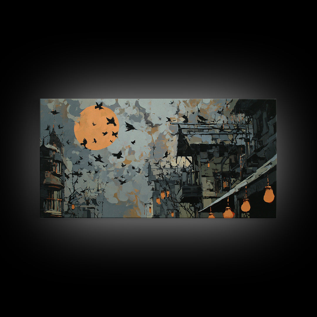 Ravens And Ruins, Wide Panoramic Art, Spooky Home Decor, Canvas Print, Halloween Wall Decor, Gothic Home Decor, Macabre Wall Art