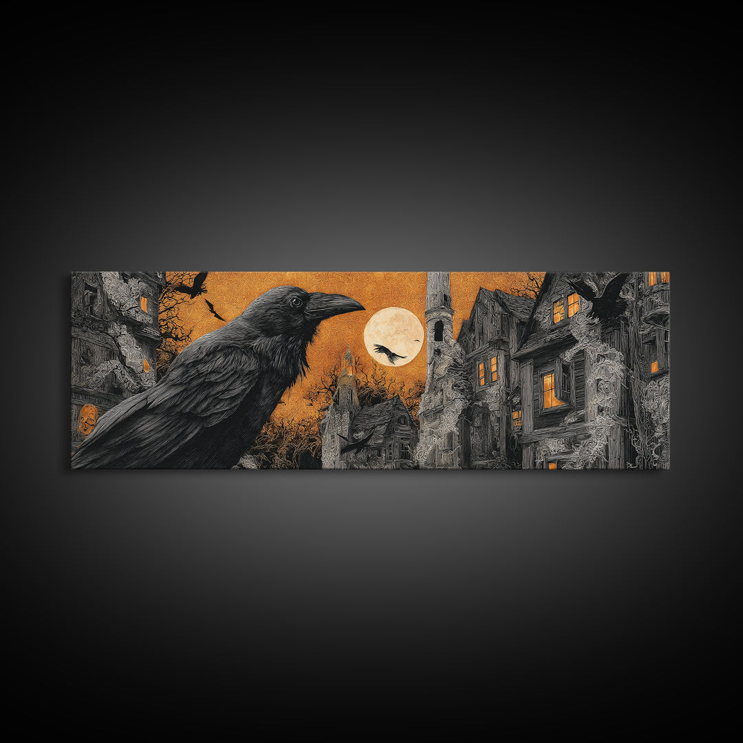 Ravens And Ruins, Extra Wide Wall Art, Macabre Wall Art, Framed Canvas Print, Halloween Wall Decor, Gothic Home Decor, Halloween Decor