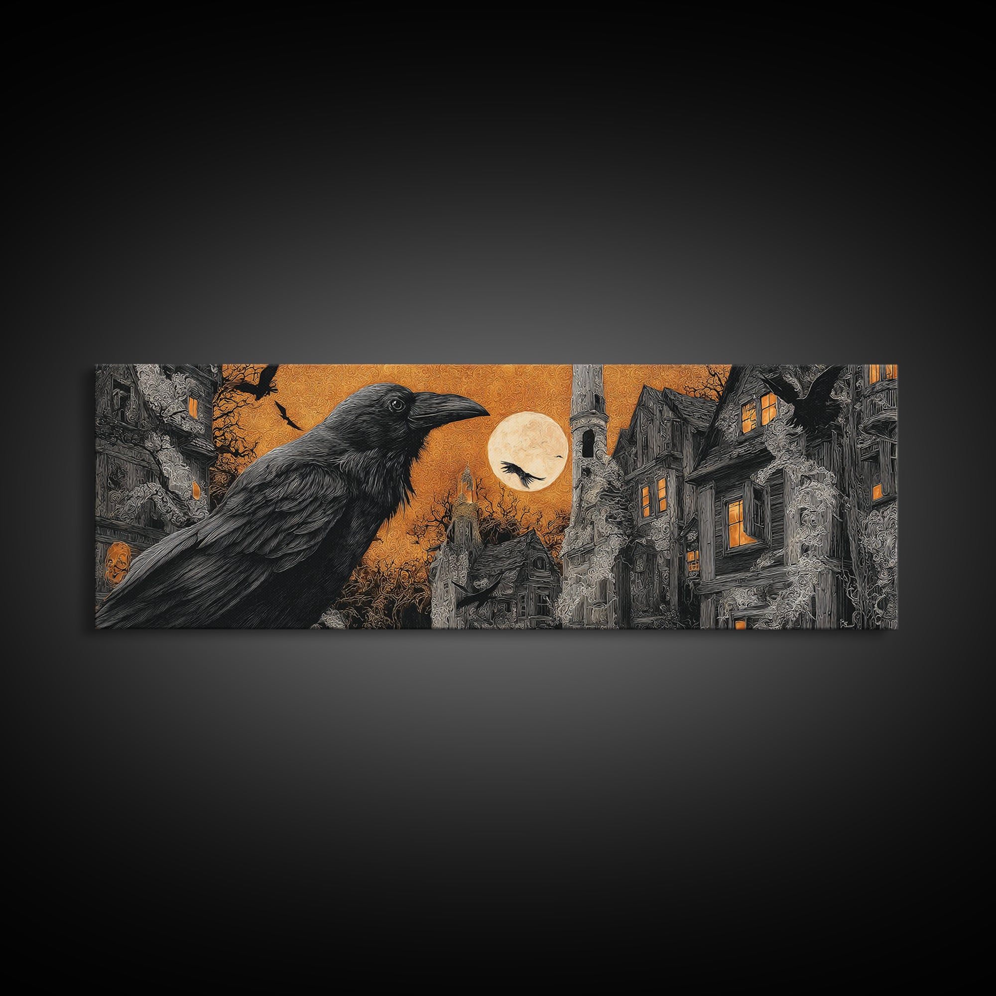 Ravens And Ruins, Extra Wide Wall Art, Macabre Wall Art, Framed Canvas Print, Halloween Wall Decor, Gothic Home Decor, Halloween Decor