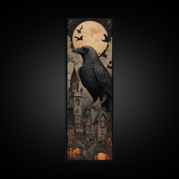 Ravens And Ruins, Tall Narrow Wall Art, Haunted Gothic Art, Framed Canvas Print, Halloween Wall Decor, Gothic Home Decor