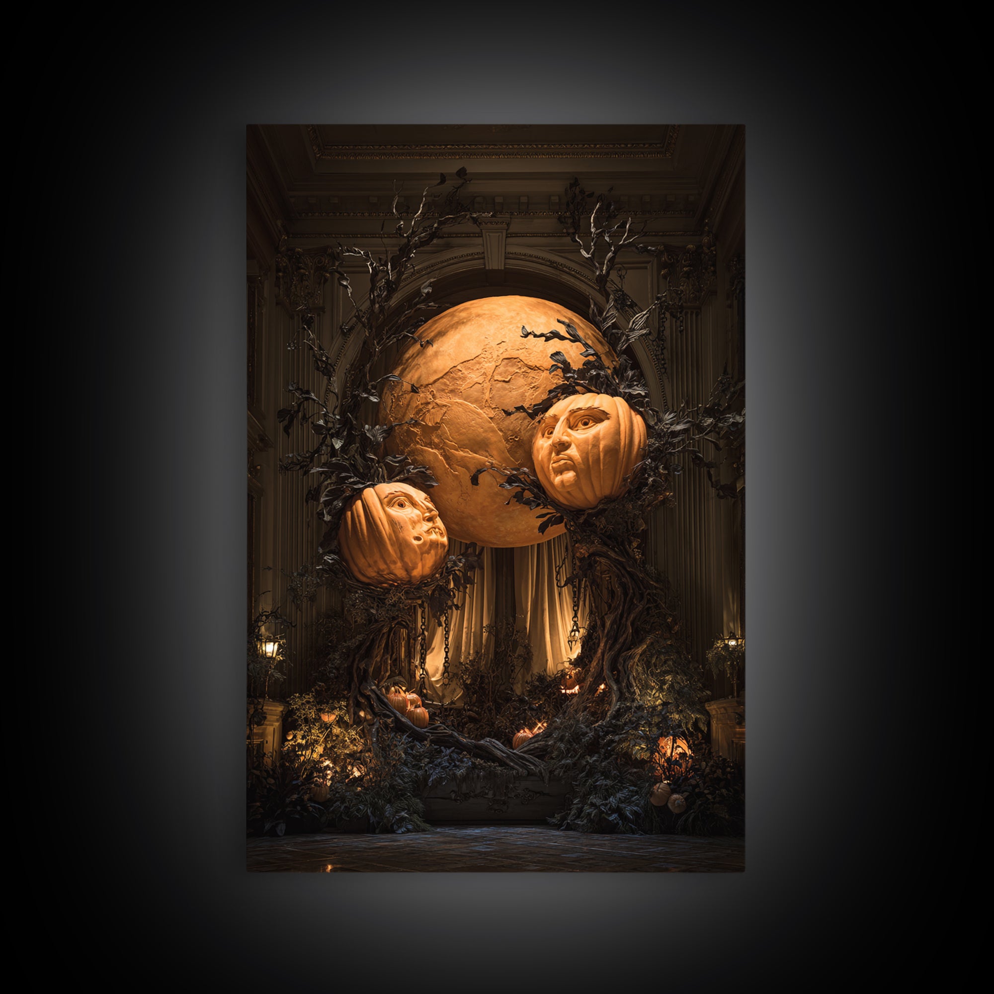 Pumpkins And Moon Phases, Vertical Wall Art, Macabre Wall Art, Framed Canvas Print, Halloween Wall Decor, Gothic Home Decor