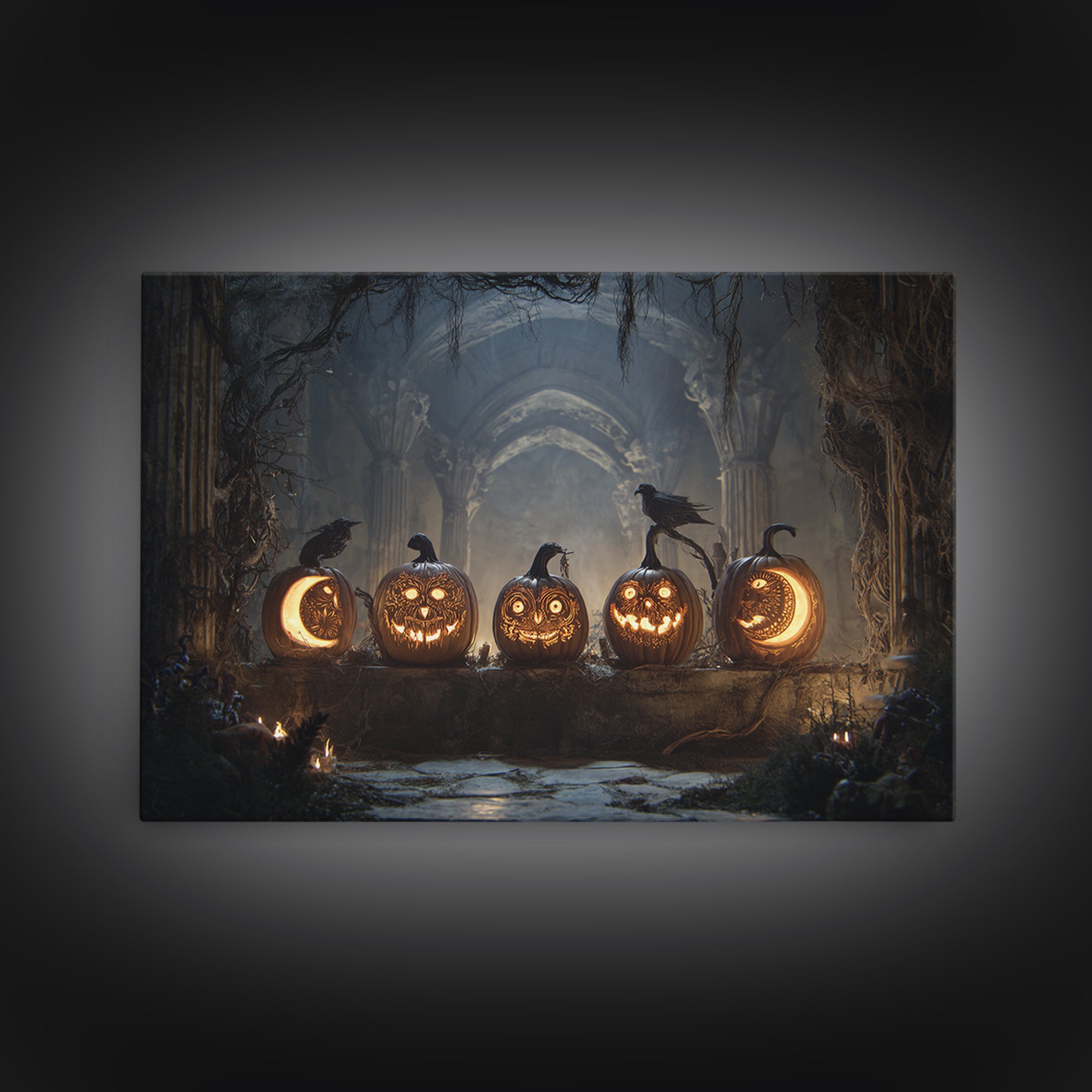 Pumpkins And Moon Phases, Landscape Wall Art, Haunted Gothic Art, Framed Canvas Print, Halloween Wall Decor, Gothic Home Decor