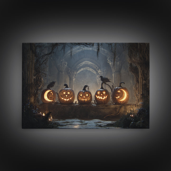 Pumpkins And Moon Phases, Landscape Wall Art, Haunted Gothic Art, Framed Canvas Print, Halloween Wall Decor, Gothic Home Decor
