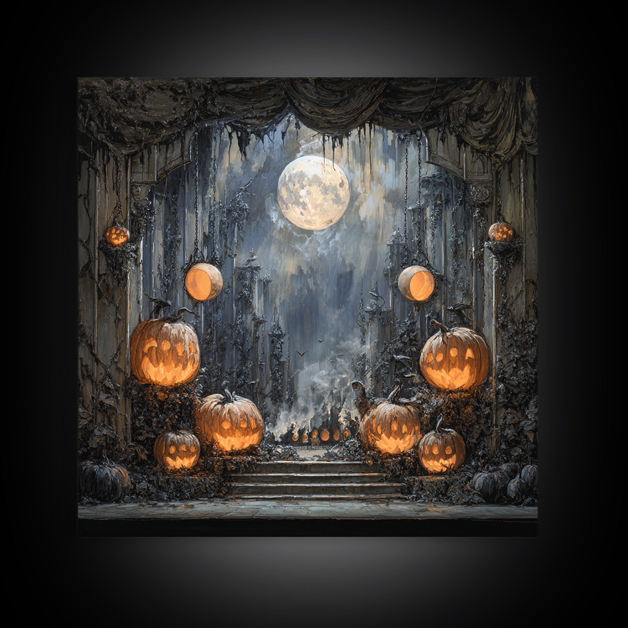Pumpkins And Moon Phases, Square Wall Art, Dark Fantasy Wall Art, Canvas Print, Halloween Wall Decor, Gothic Home Decor
