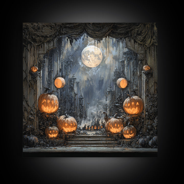 Pumpkins And Moon Phases, Square Wall Art, Dark Fantasy Wall Art, Canvas Print, Halloween Wall Decor, Gothic Home Decor