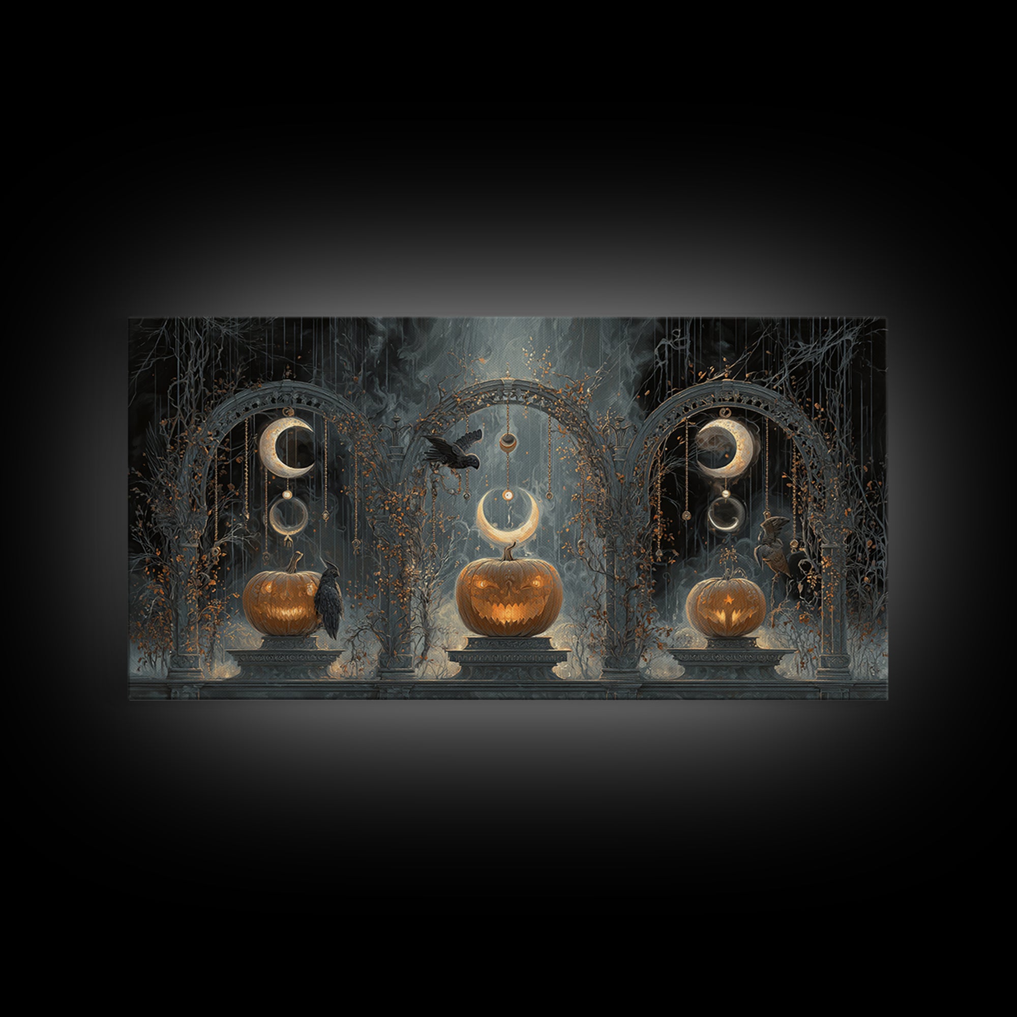 Pumpkins And Moon Phases, Wide Panoramic Art, Dark Halloween Decor, Canvas Print, Halloween Wall Decor, Gothic Home Decor, Horror Wall Art