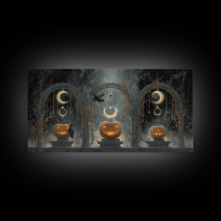 Pumpkins And Moon Phases, Wide Panoramic Art, Dark Halloween Decor, Canvas Print, Halloween Wall Decor, Gothic Home Decor, Horror Wall Art