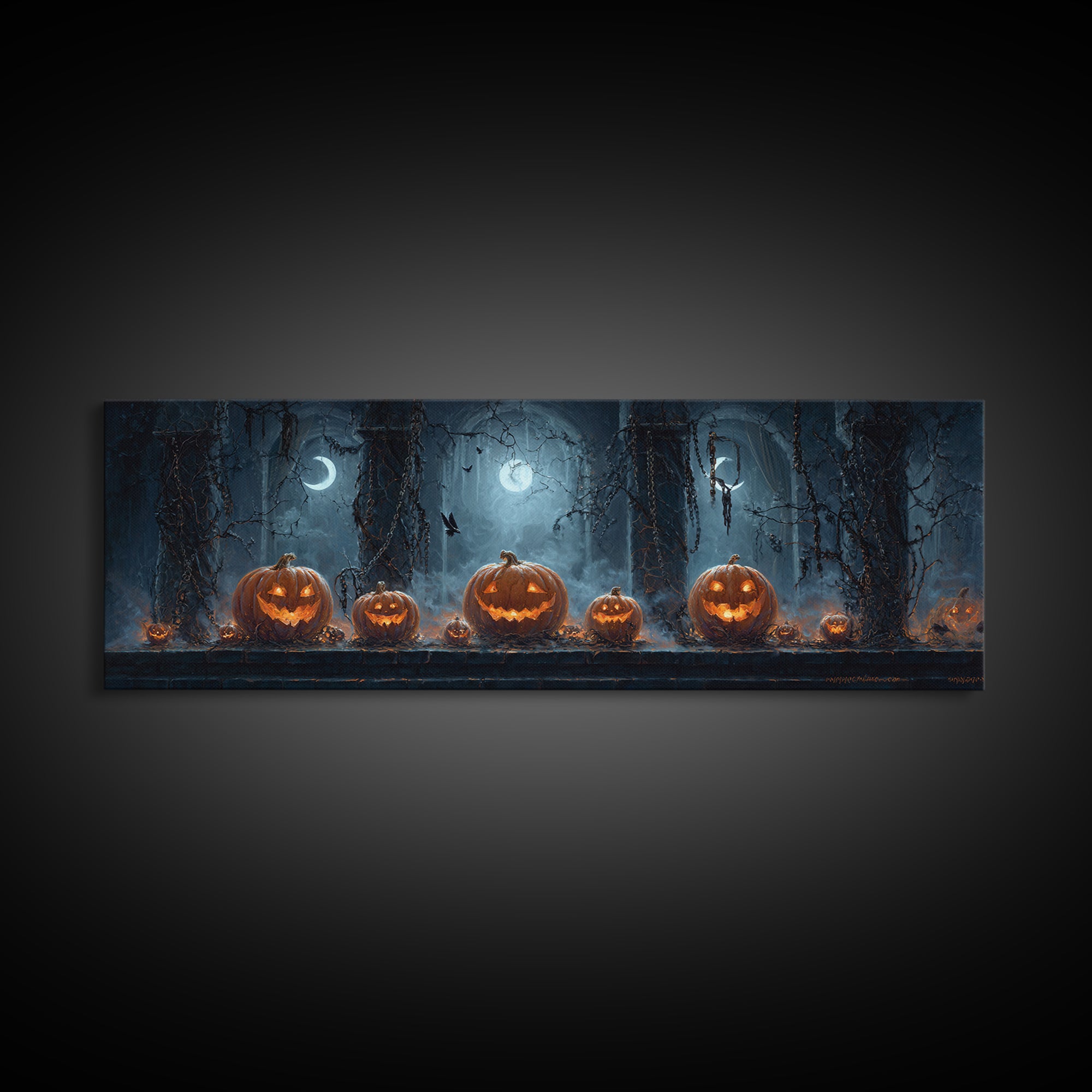 Pumpkins And Moon Phases, Extra Wide Wall Art, Macabre Wall Art, Framed Canvas Print, Halloween Wall Decor, Gothic Home Decor