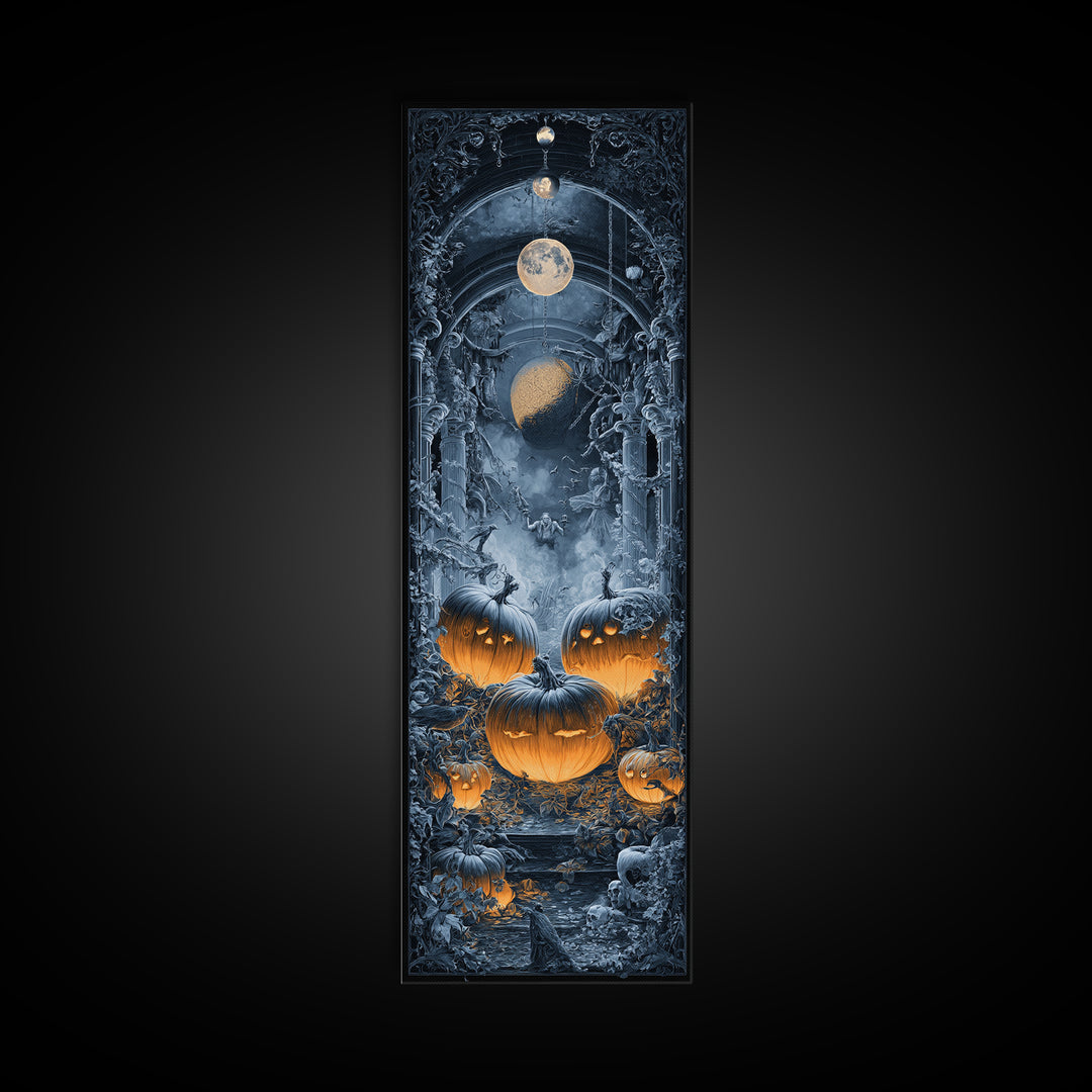 Pumpkins And Moon Phases, Tall Narrow Wall Art, Haunted Gothic Art, Framed Canvas Print, Halloween Wall Decor, Gothic Home Decor
