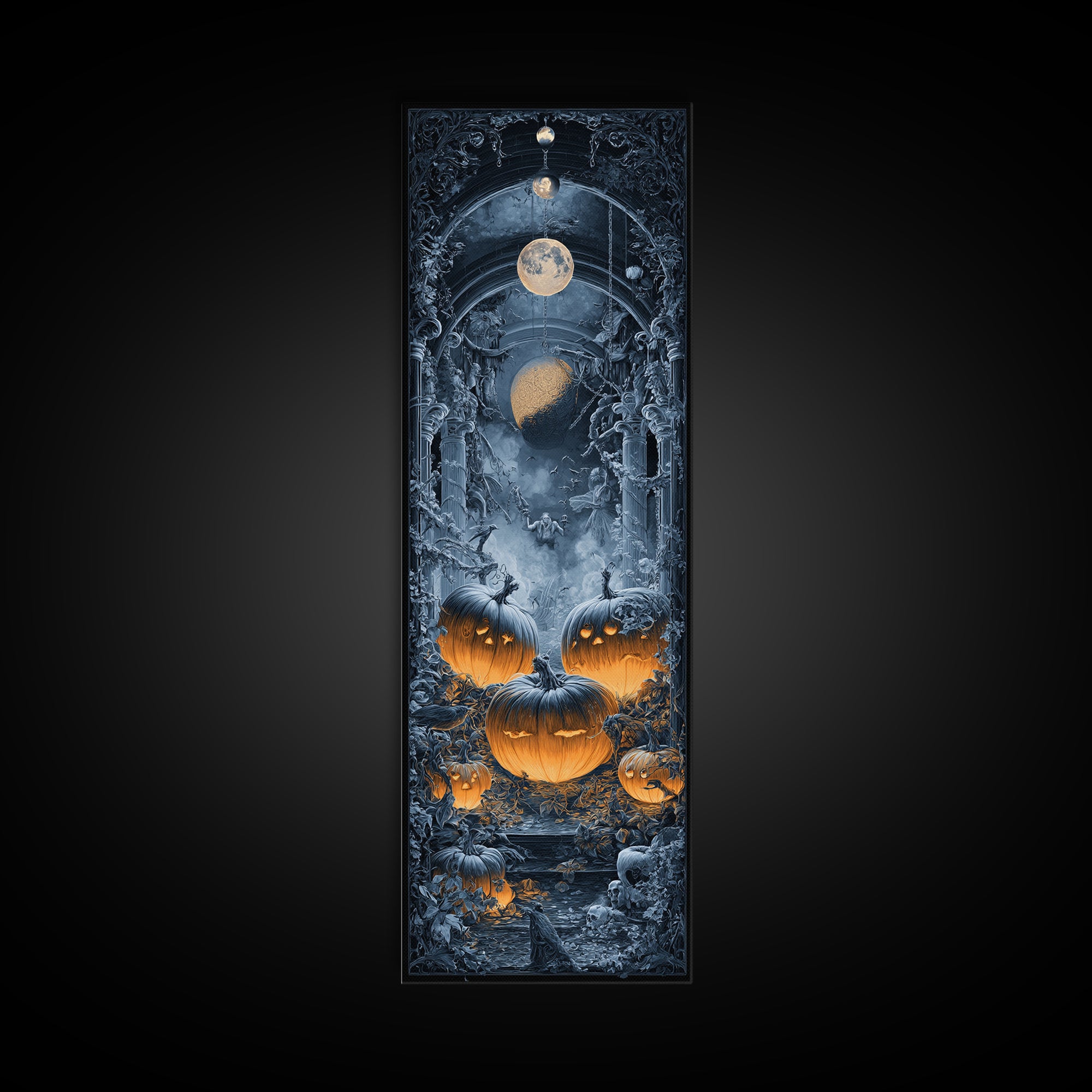Pumpkins And Moon Phases, Tall Narrow Wall Art, Haunted Gothic Art, Framed Canvas Print, Halloween Wall Decor, Gothic Home Decor