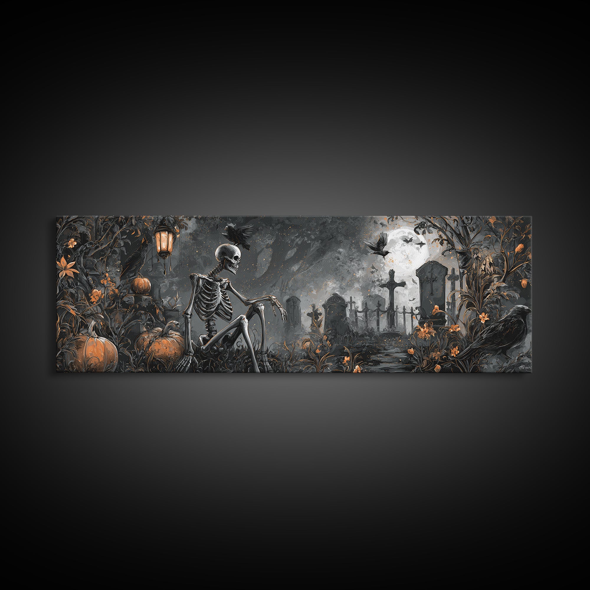 Skeletal Botanicals, Extra Wide Wall Art, Gothic Horror Wall Art, Framed Canvas Print, Halloween Wall Decor, Gothic Home Decor