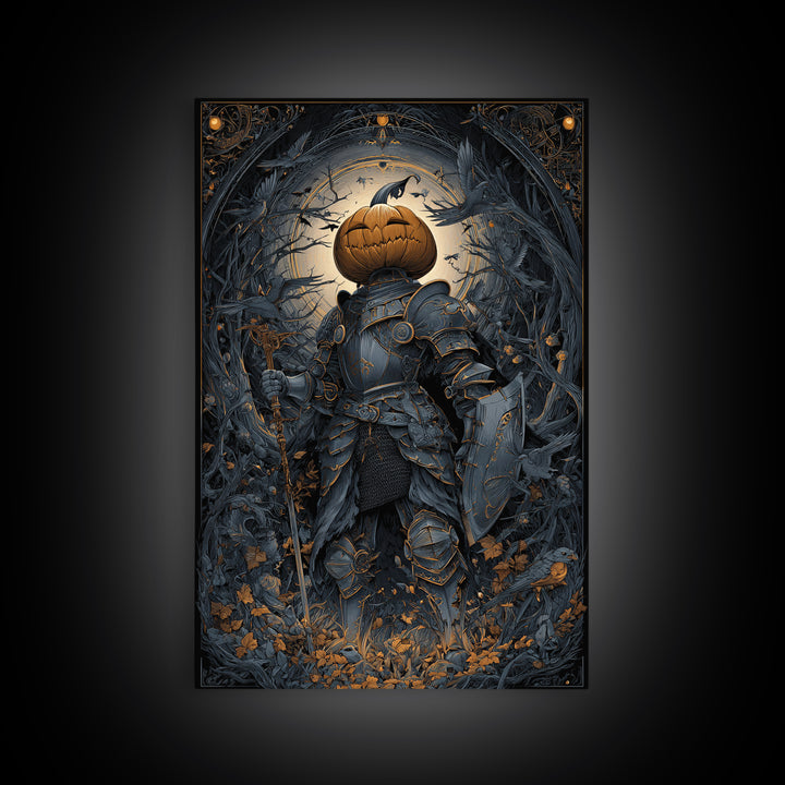 The Pumpkin Paladin, Vertical Wall Art, Dark Halloween Decor, Canvas Print, Halloween Wall Decor, Gothic Home Decor, Statement Wall Art