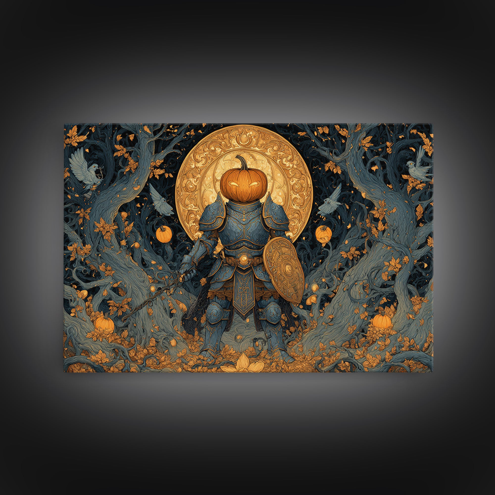 The Pumpkin Paladin, Landscape Wall Art, Haunted Gothic Art, Framed Canvas Print, Halloween Wall Decor, Gothic Home Decor