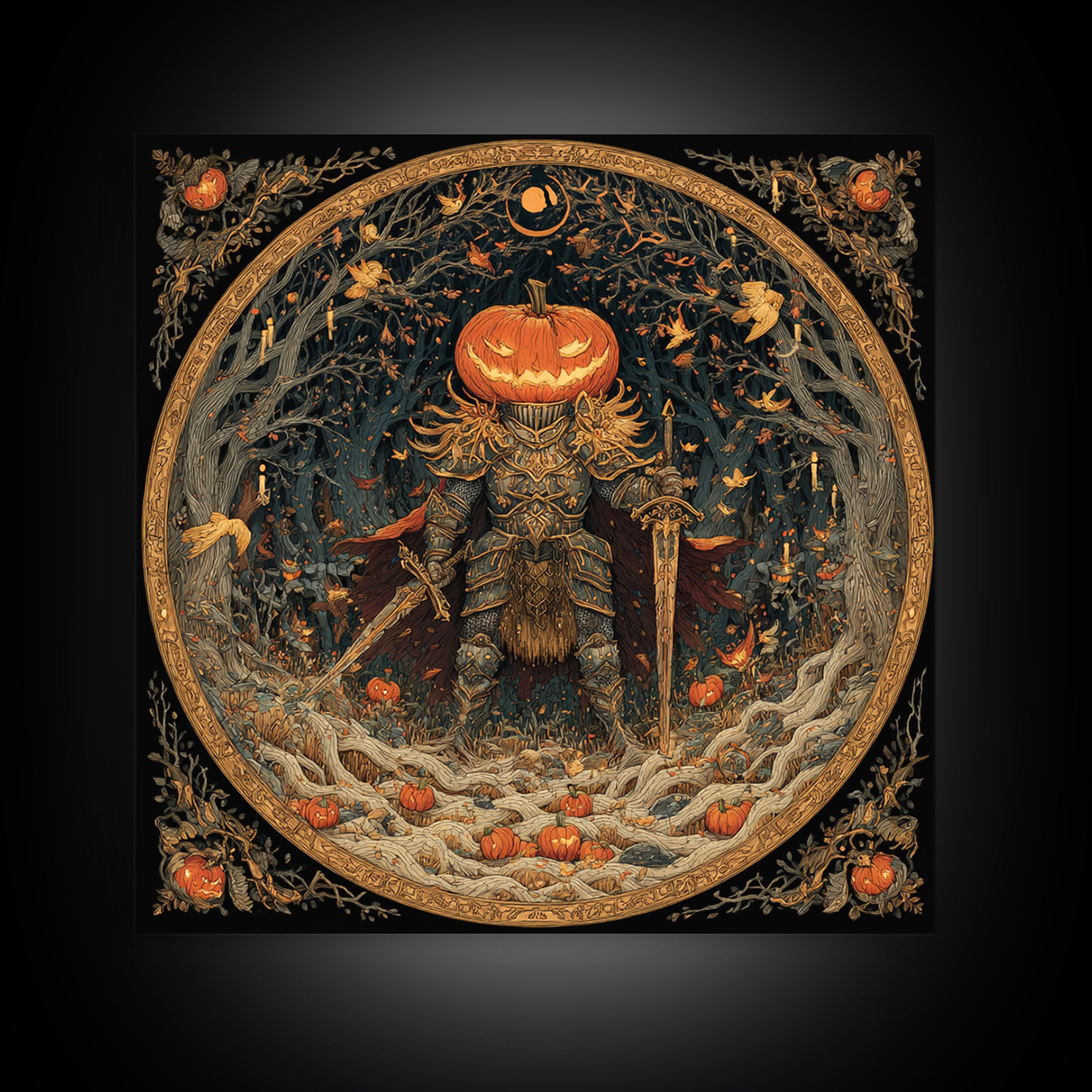 The Pumpkin Paladin, Square Wall Art, Dark Fantasy Wall Art, Canvas Print, Halloween Wall Decor, Gothic Home Decor, Dark Fantasy Art