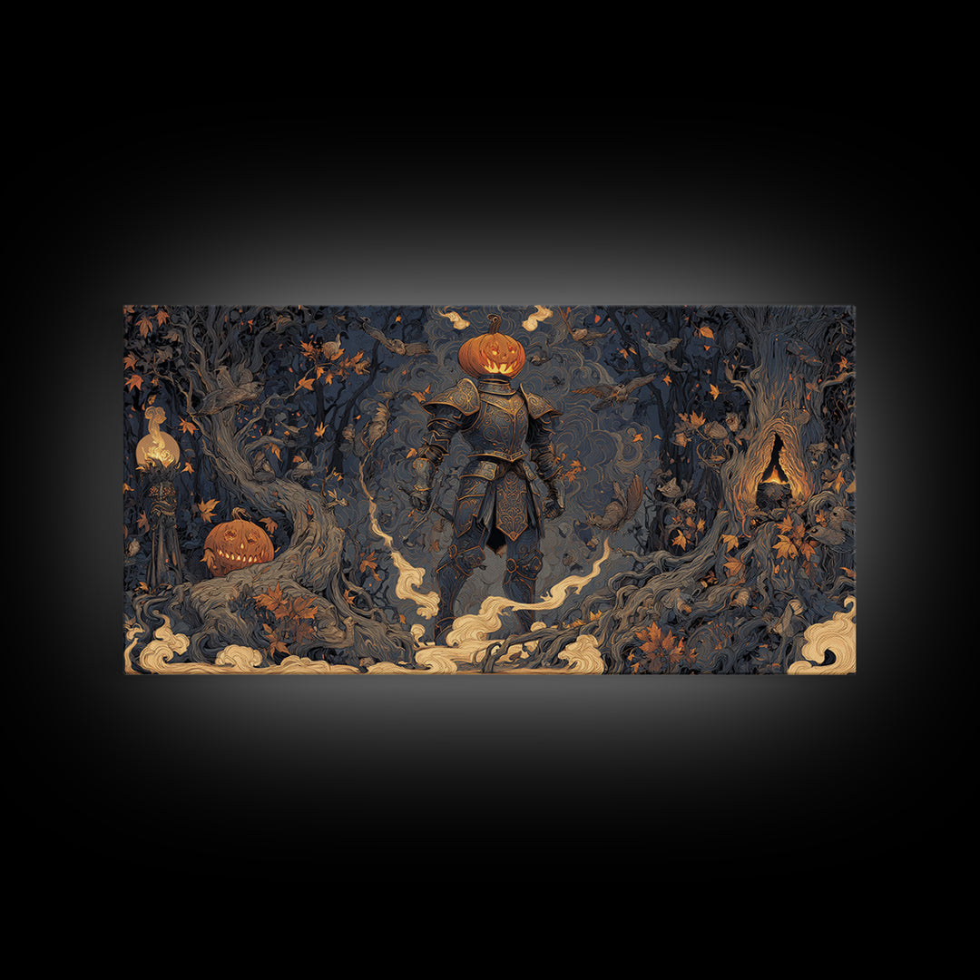 The Pumpkin Paladin, Wide Panoramic Art, Haunted Gothic Art, Framed Canvas Print, Halloween Wall Decor, Gothic Home Decor, Dark Fantasy Art