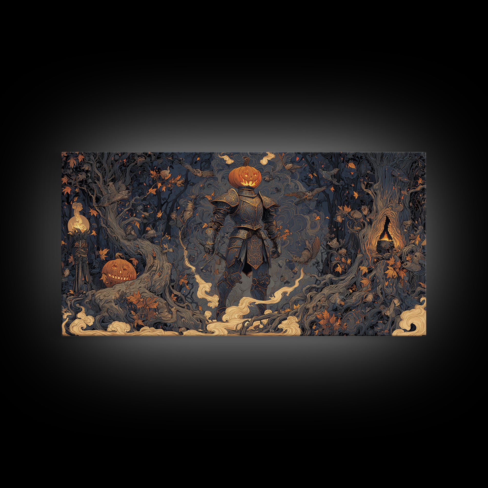 The Pumpkin Paladin, Wide Panoramic Art, Haunted Gothic Art, Framed Canvas Print, Halloween Wall Decor, Gothic Home Decor, Dark Fantasy Art