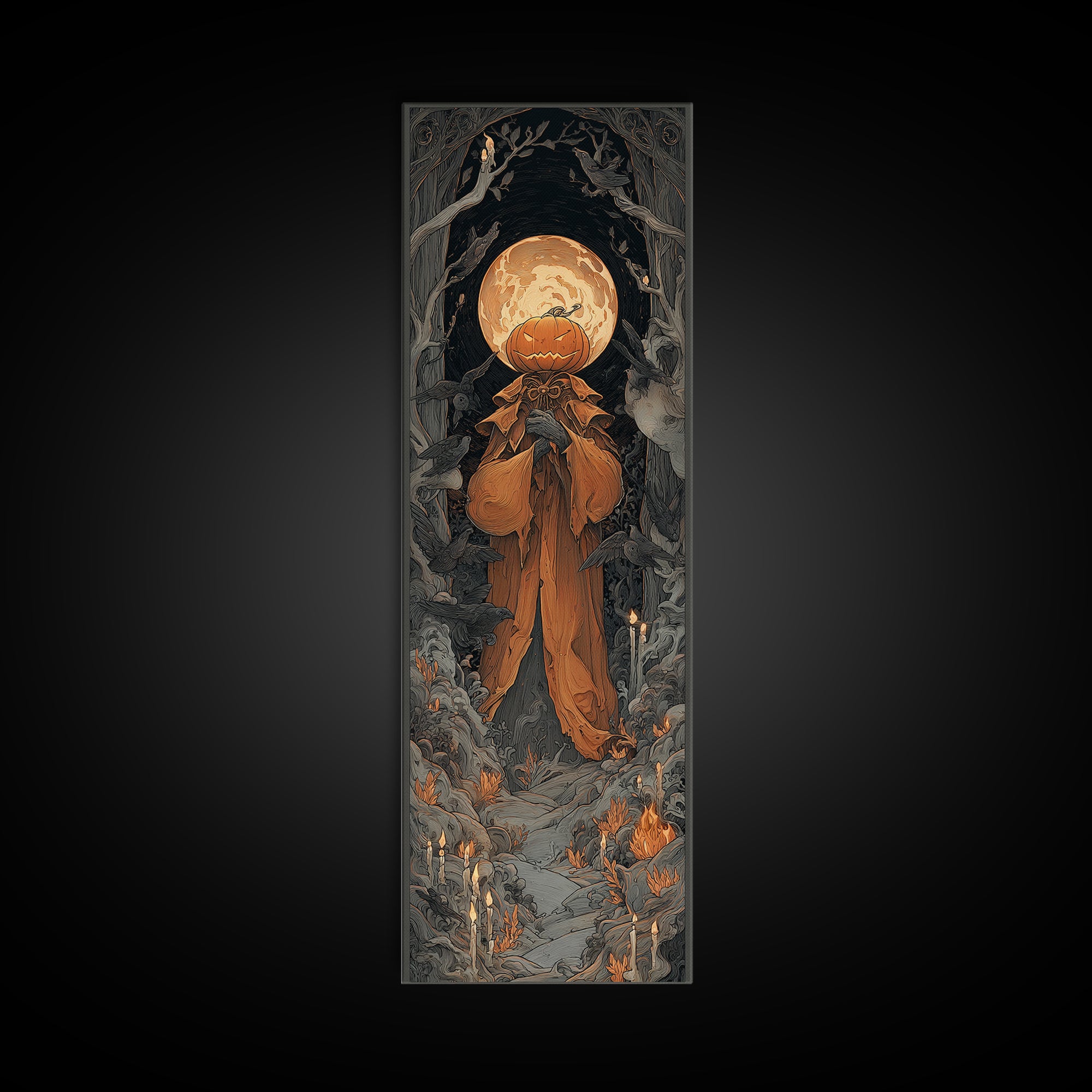 The Pumpkin Paladin, Tall Narrow Wall Art, Dark Fantasy Wall Art, Canvas Print, Halloween Wall Decor, Gothic Home Decor, Macabre Wall Art