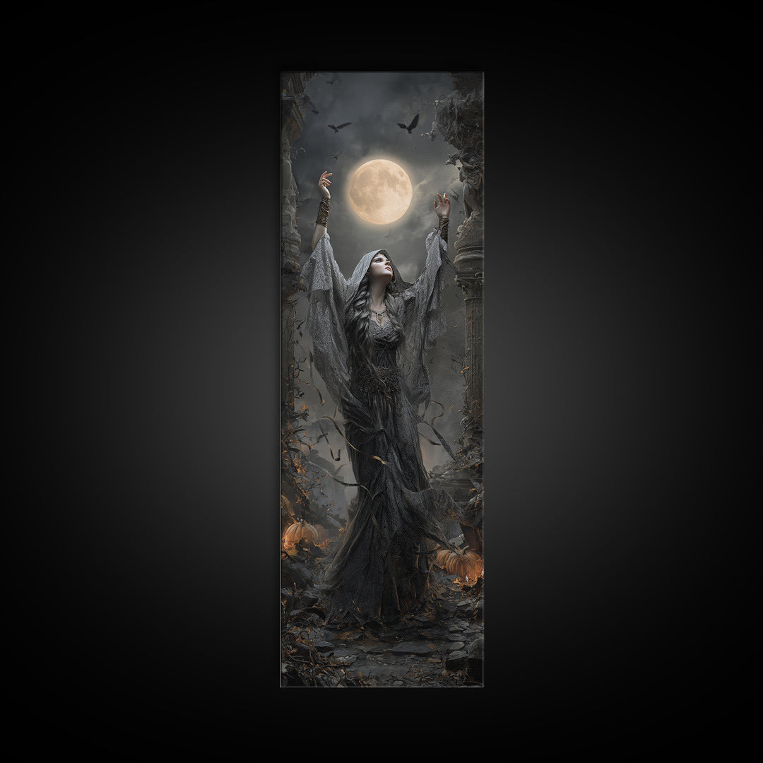 The Moon Priestess, Tall Narrow Wall Art, Gothic Horror Wall Art, Framed Canvas Print, Halloween Wall Decor, Gothic Home Decor