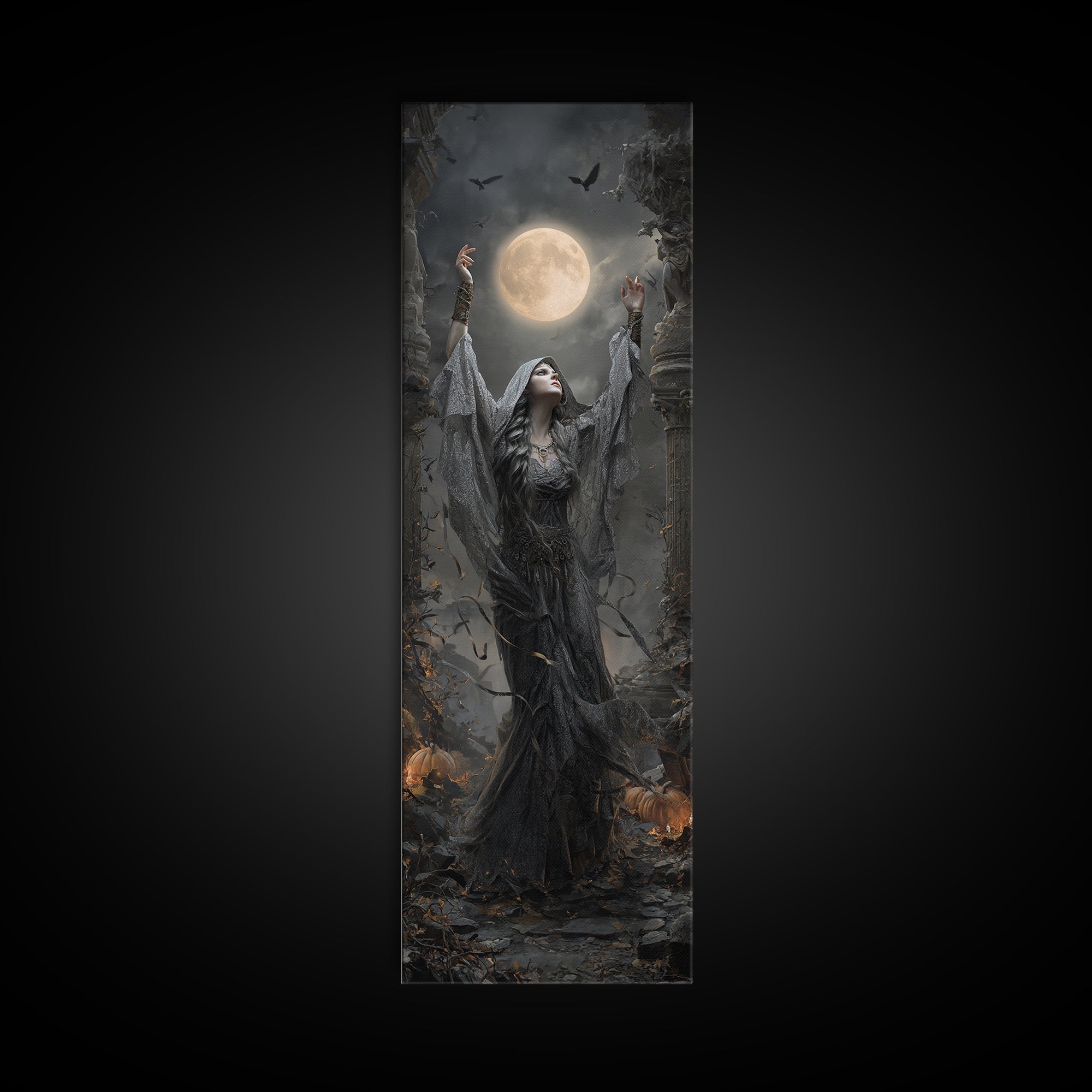 The Moon Priestess, Tall Narrow Wall Art, Gothic Horror Wall Art, Framed Canvas Print, Halloween Wall Decor, Gothic Home Decor