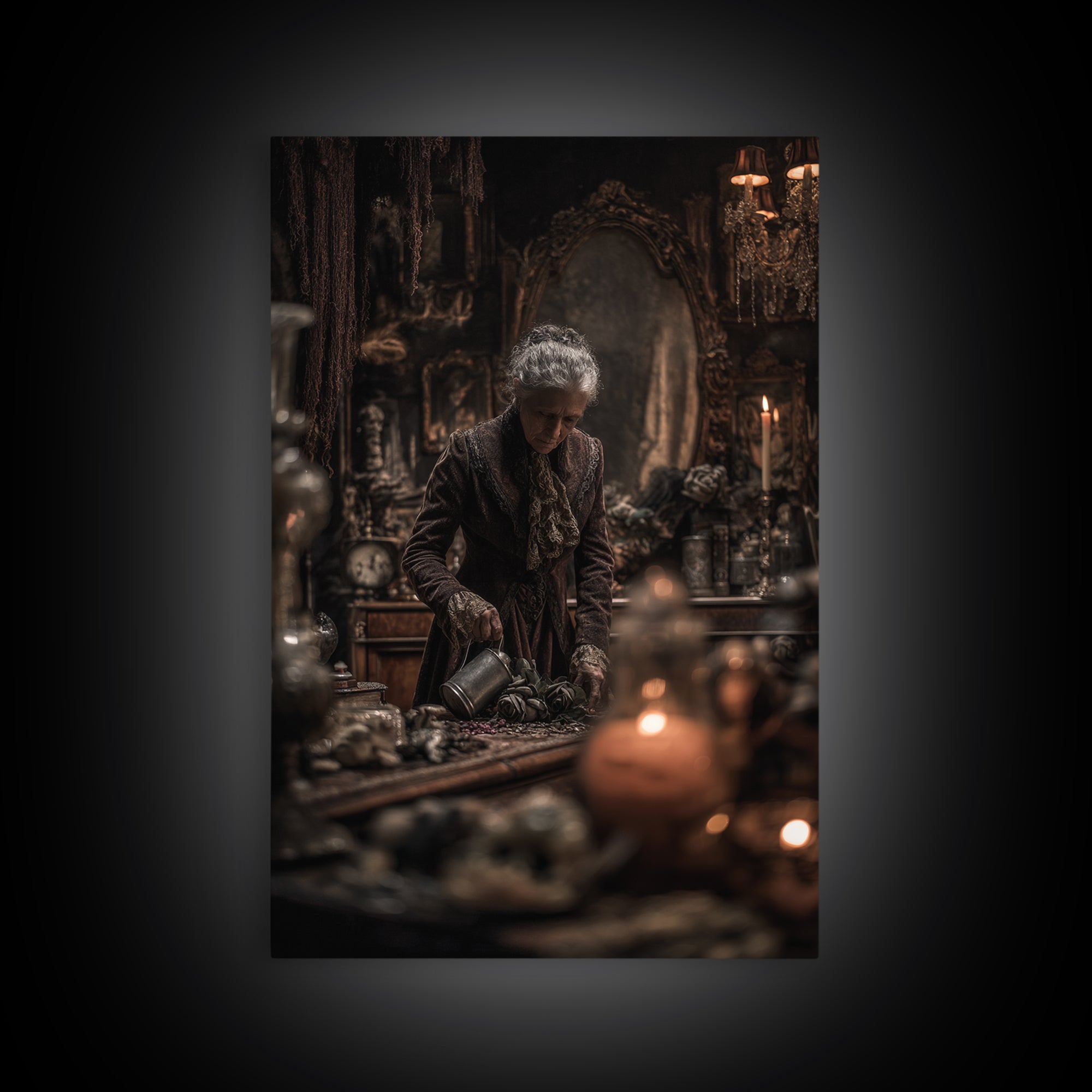 The Graveyard Gardener, Vertical Wall Art, Macabre Wall Art, Framed Canvas Print, Halloween Wall Decor, Gothic Home Decor, Spooky Wall Decor