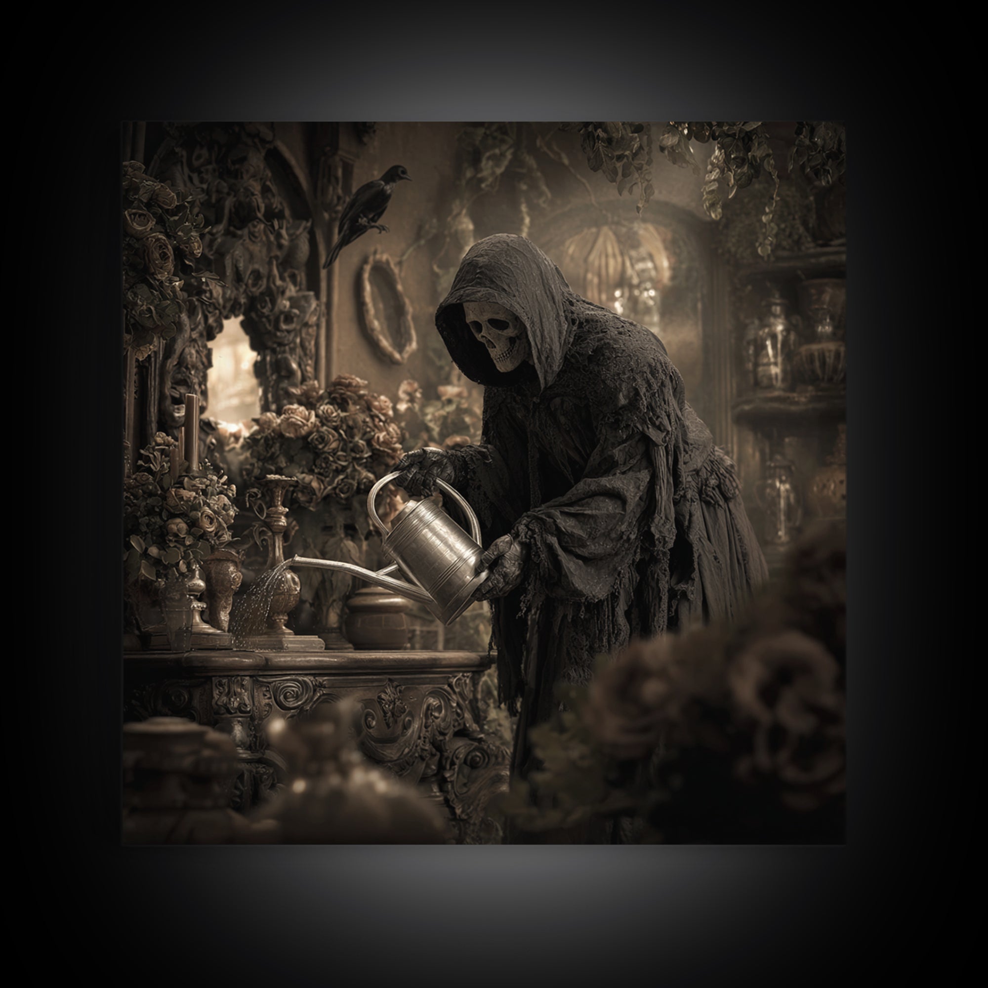 The Graveyard Gardener, Square Wall Art, Haunted Gothic Art, Framed Canvas Print, Halloween Wall Decor, Gothic Home Decor
