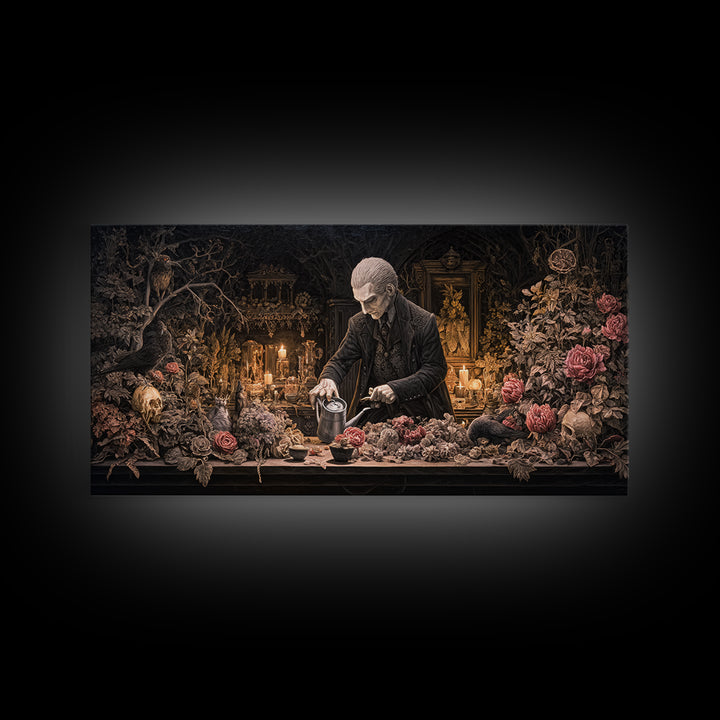 The Graveyard Gardener, Wide Panoramic Art, Gothic Horror Wall Art, Framed Canvas Print, Halloween Wall Decor, Gothic Home Decor