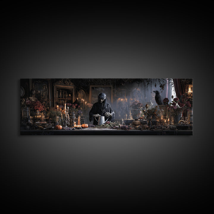 The Graveyard Gardener, Extra Wide Wall Art, Spooky Home Decor, Canvas Print, Halloween Wall Decor, Gothic Home Decor, Macabre Wall Art