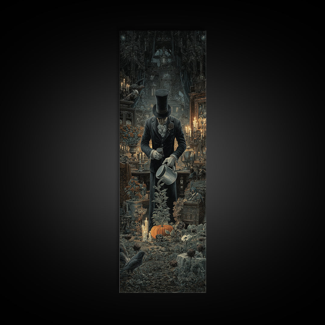 The Graveyard Gardener, Tall Narrow Wall Art, Haunted Gothic Art, Framed Canvas Print, Halloween Wall Decor, Gothic Home Decor