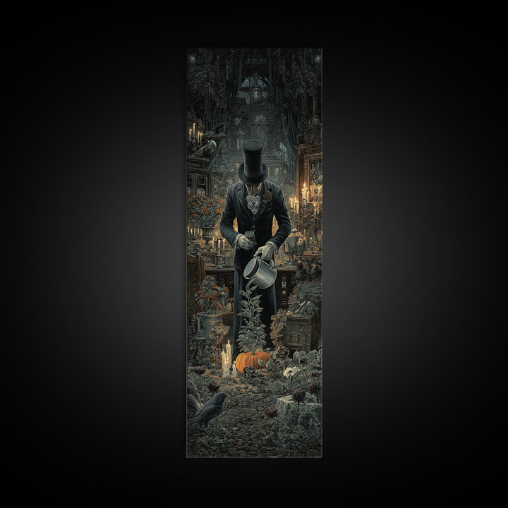 The Graveyard Gardener, Tall Narrow Wall Art, Haunted Gothic Art, Framed Canvas Print, Halloween Wall Decor, Gothic Home Decor