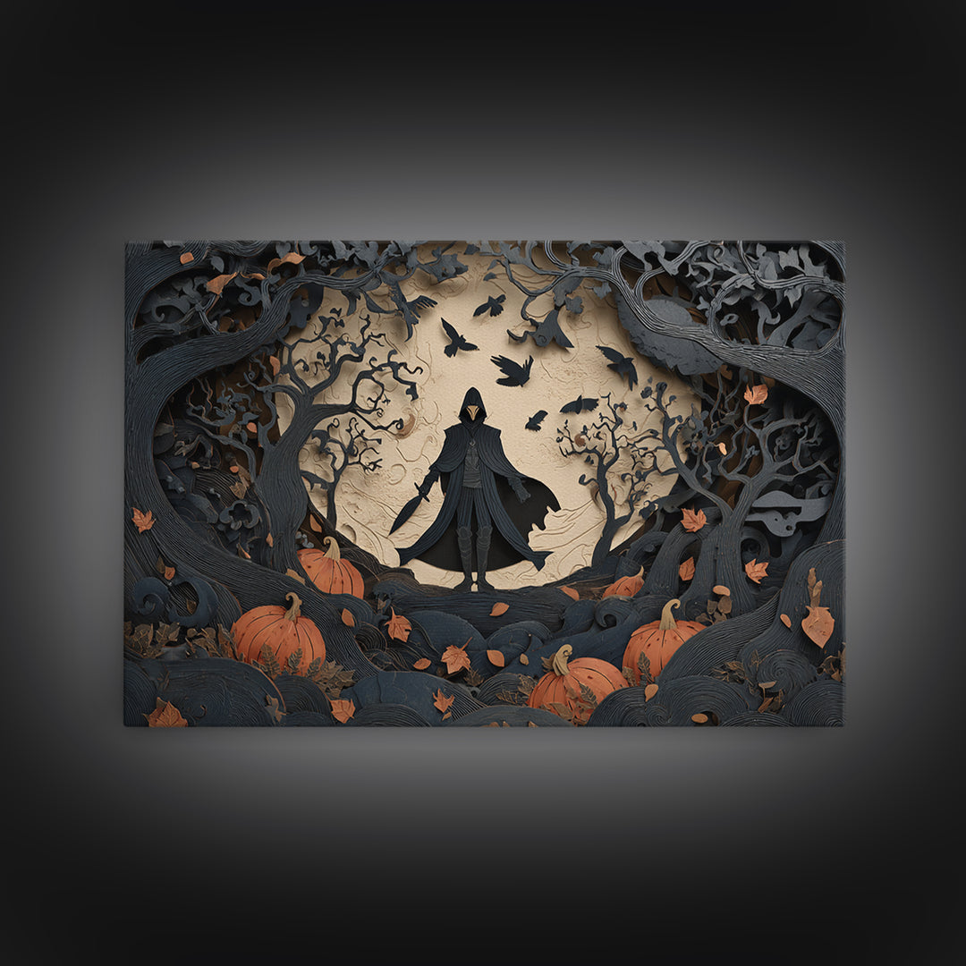 The Crow-Masked Assassin, Landscape Wall Art, Gothic Horror Wall Art, Framed Canvas Print, Halloween Wall Decor, Gothic Home Decor